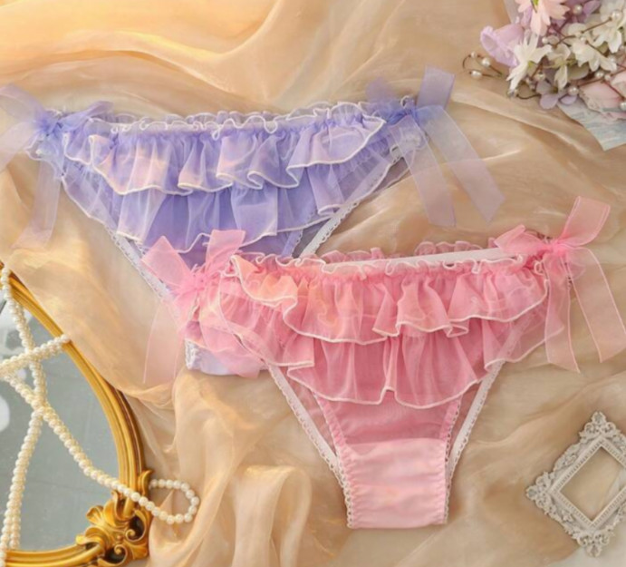 Women’s Kawaii Lolita Sheer Frilly Ruffle Tie-Front Bikini Panties L 2 pack