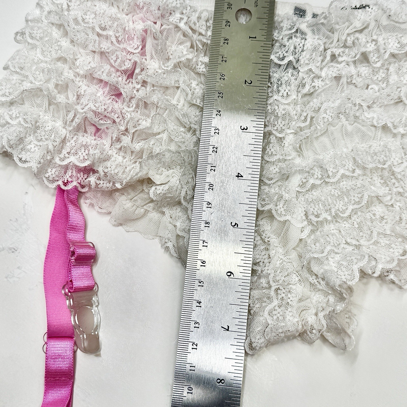 VTG Y2K Panties/Boyshorts attached Garter Straps White& Pink Lace Ruffle Pin-Up