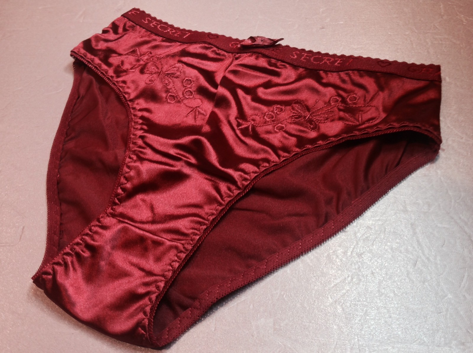 Women Panties Bikinis GRACE Size S. Burgundy Nylon Satin W/Decoration Elastic