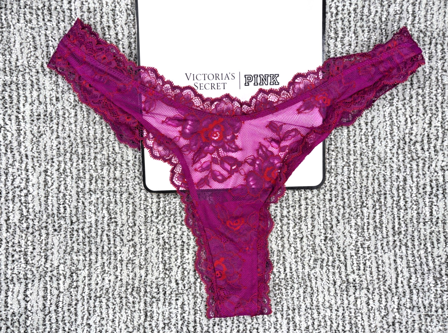 Victorias Secret Very Sexy NWT Large Purple Rose Lace High Leg Thong Panty Sheer