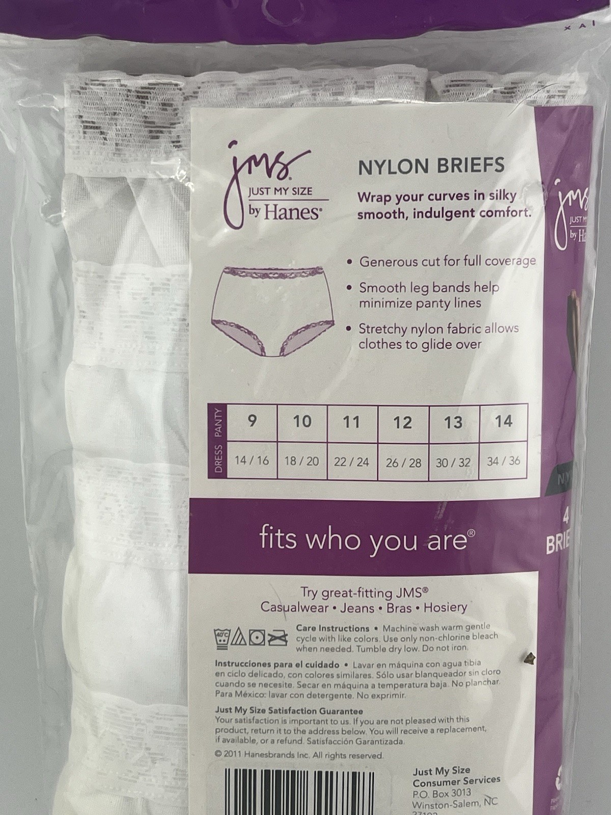 Just My Size Nylon Brief Panties 100% nylon Soft & Smooth Size 10 White 4 Pack