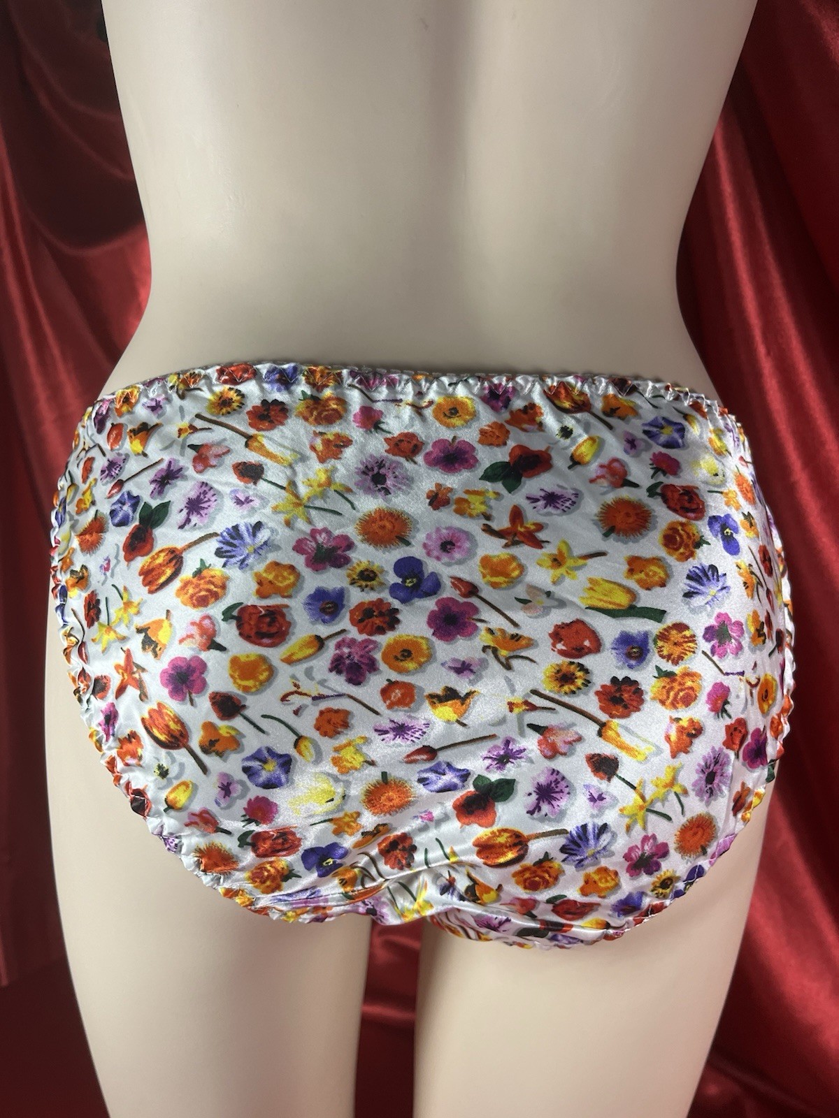 Satin String Bikini Panties Size 5 Snow White With Springtime Flowers