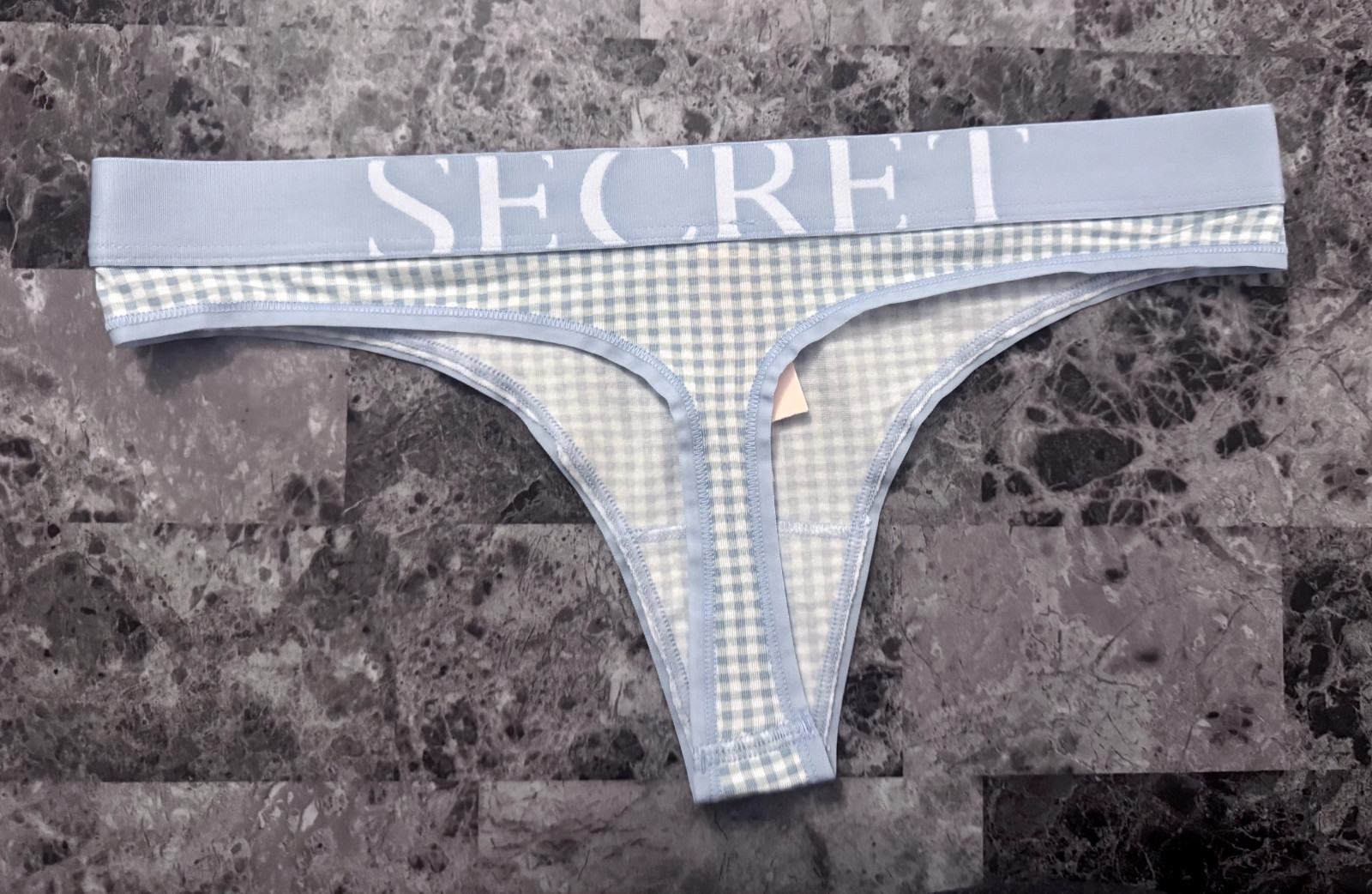 NWT VICTORIA’S SECRET BLUE GINGHAM THICK EXPLODED LOGO WAISTBAND THONG PANTIES