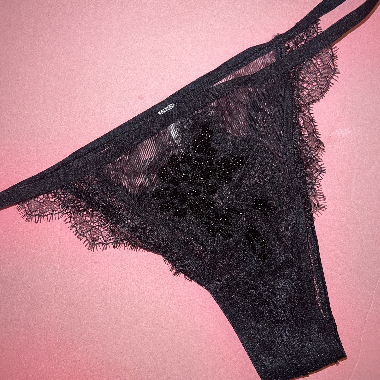 Victoria’s Secret M PANTY BLACK lace BEADED EMBELLISHED mesh string Itsy