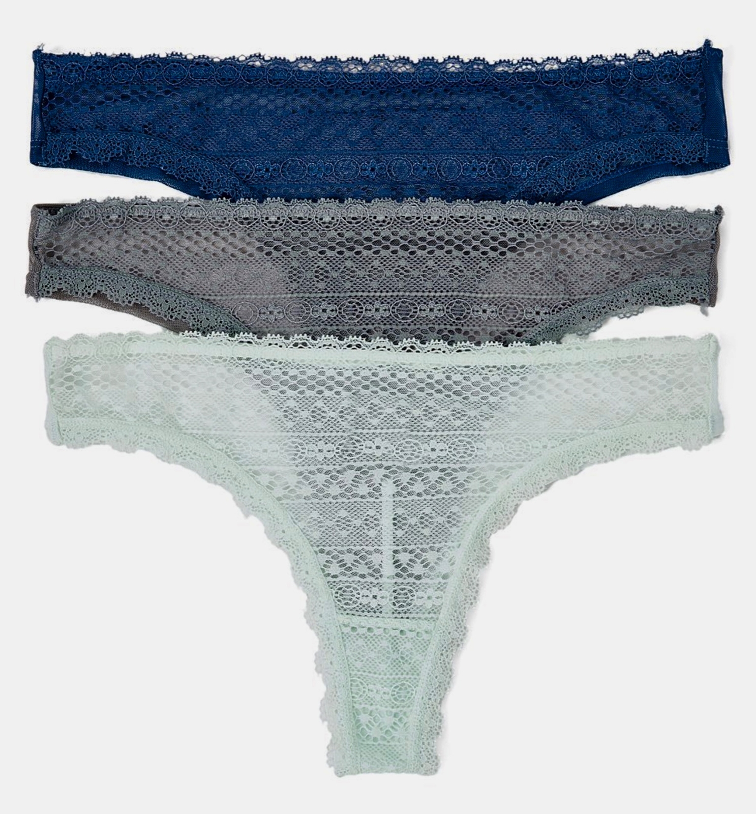 RENE ROFE 3 Pack Lace Trim Mint Green Blue Grey Mesh Thong Panty Womens M 6 L 7