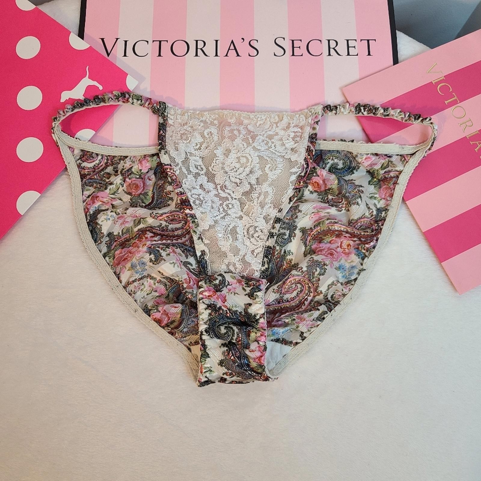 VTG Victoria’s Secret Satin Jacquard Chiffon Lace String Bikini Panty Size Sm