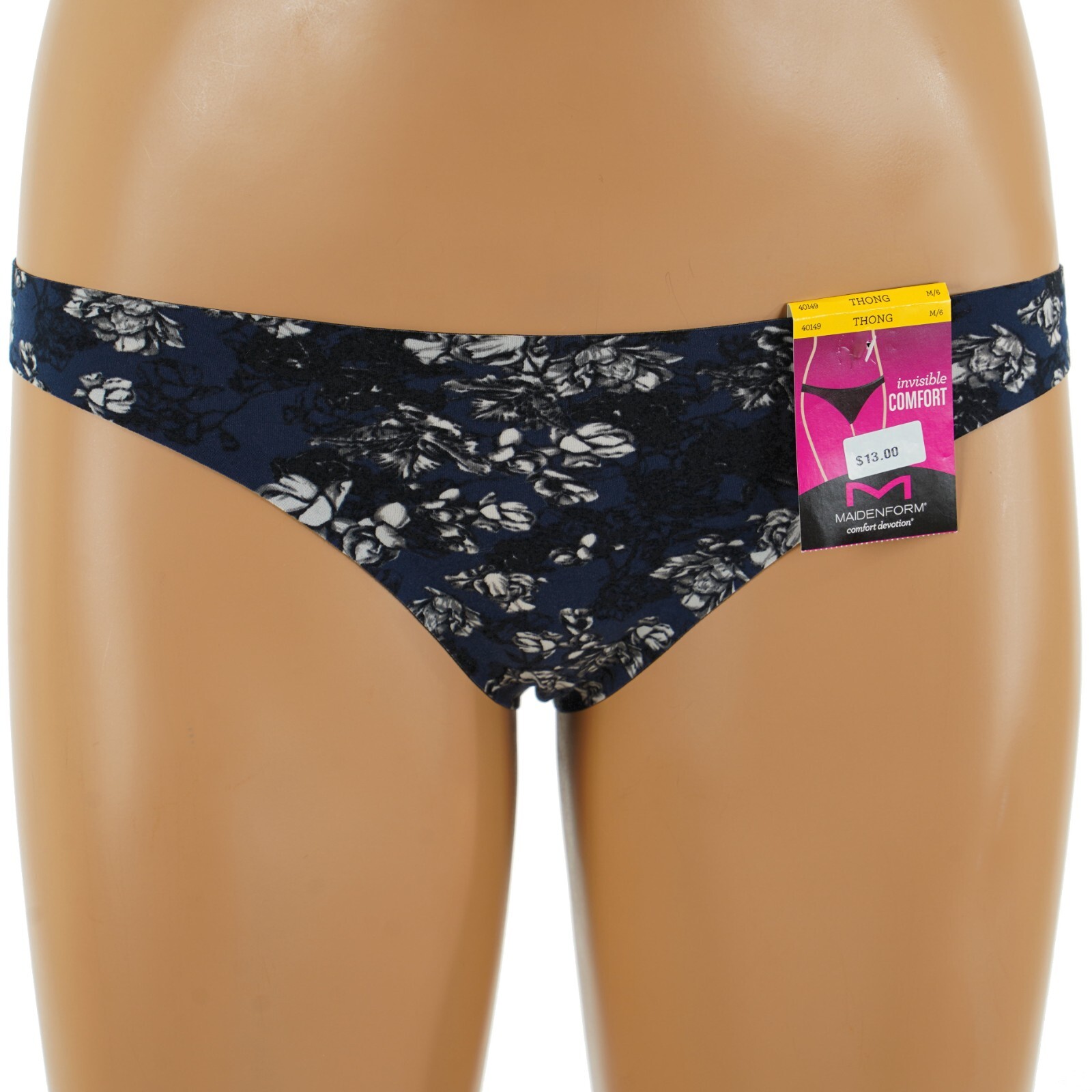 MAIDENFORM Women’s Size 6 MEDIUM Invisible Comfort NAVY FLORAL THONG Panty 40149