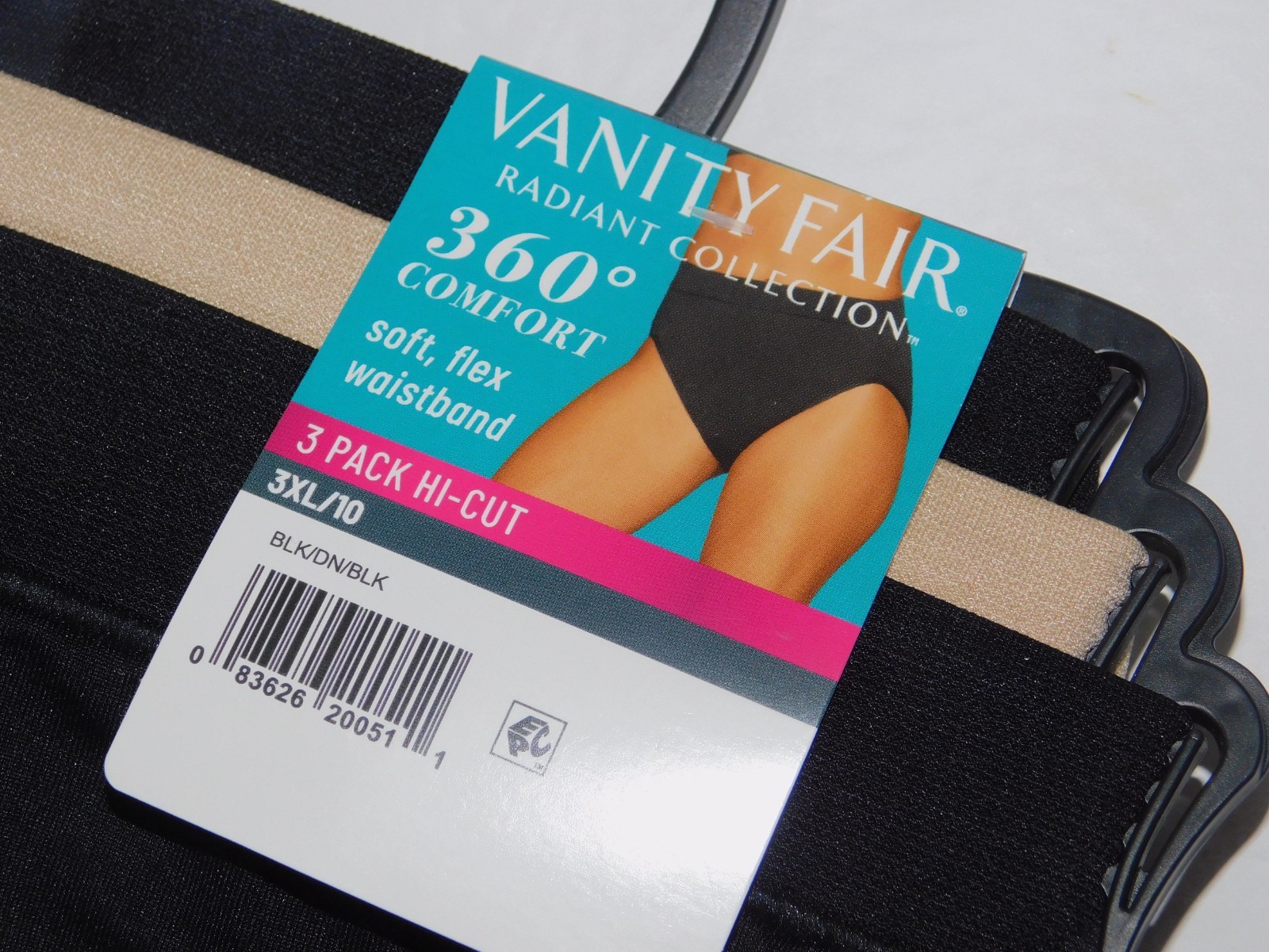 Womens 5XL/12 Hi-Cut Panties 3 Pack 360 Comfort Black Tan Black Vanity Fair