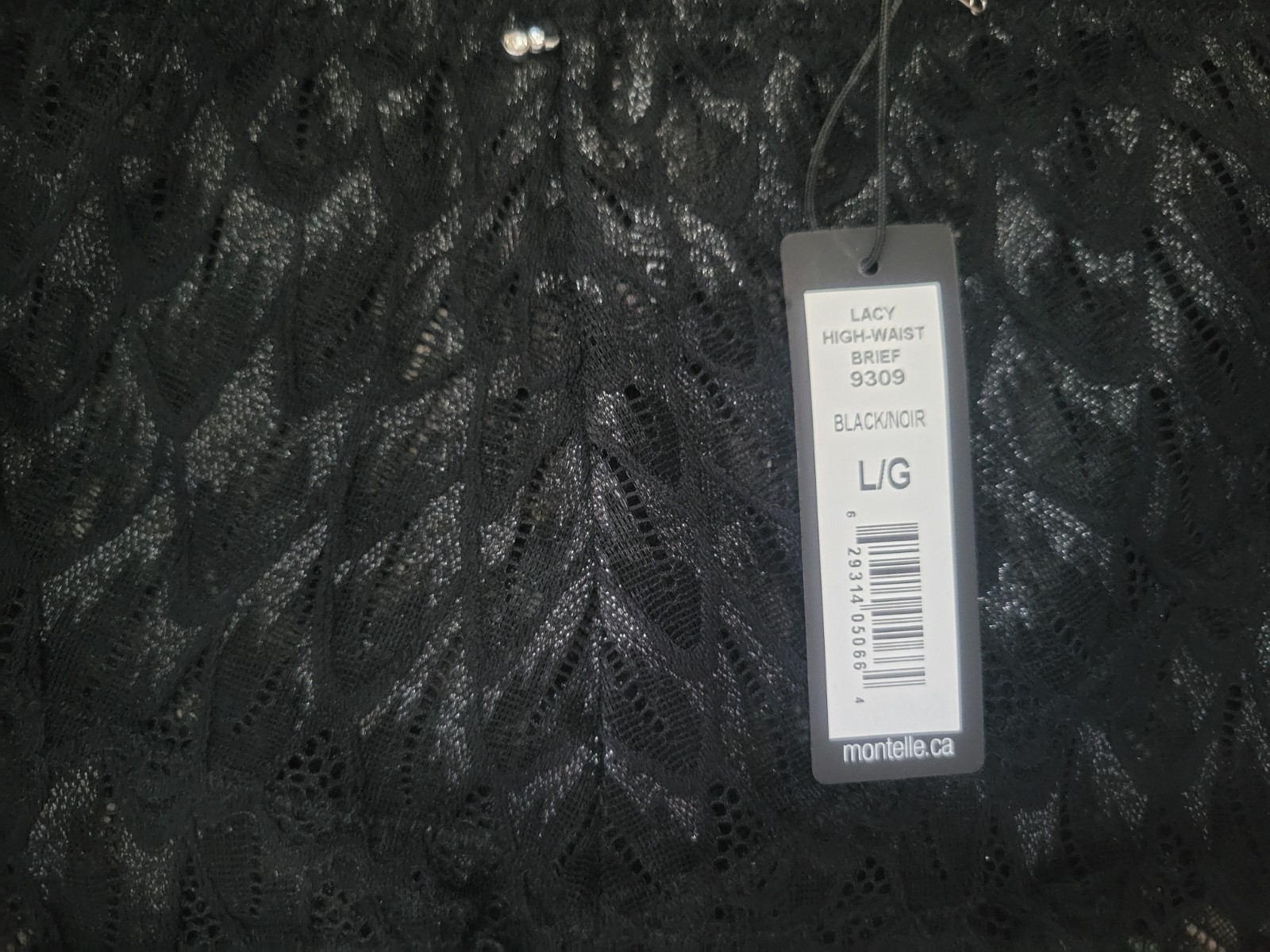 NWT Montiel’s Intimates Lacy High Waist Brief Feather Pattern Black/Silver Sz L