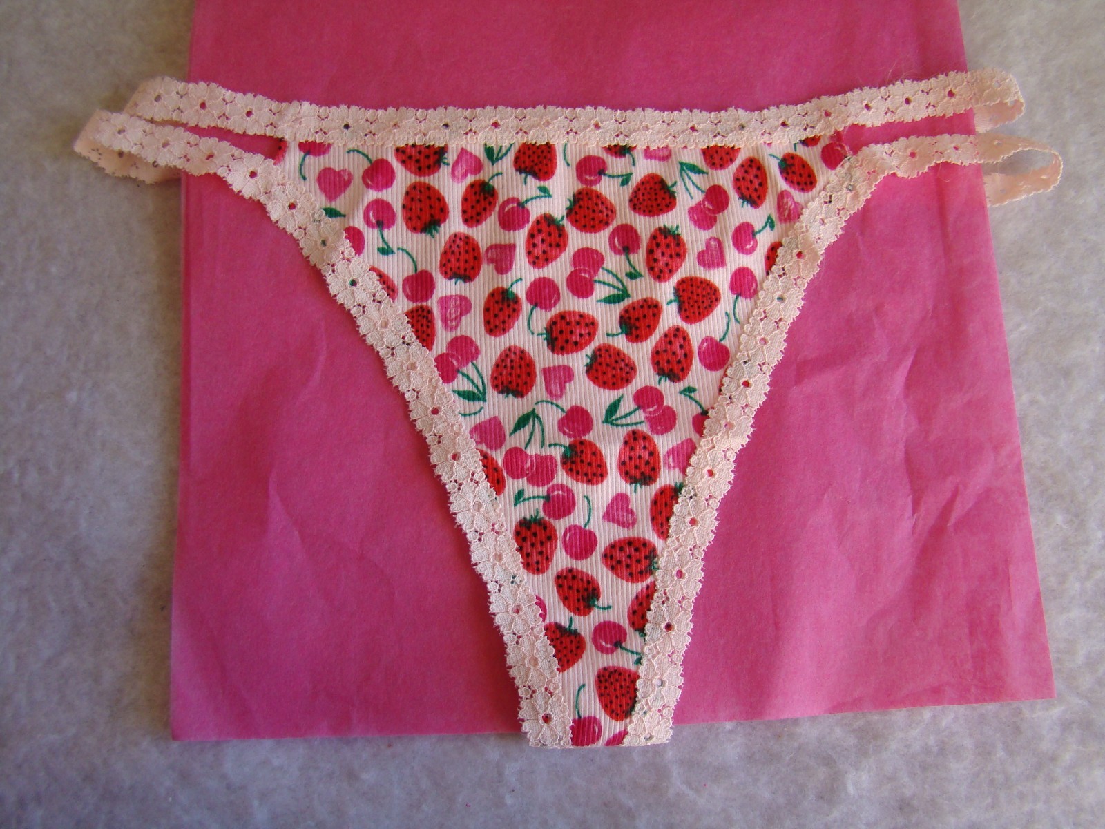 New PINK Strawberries Cherries Hearts Print Light Pink Floral Lace Thong Panty