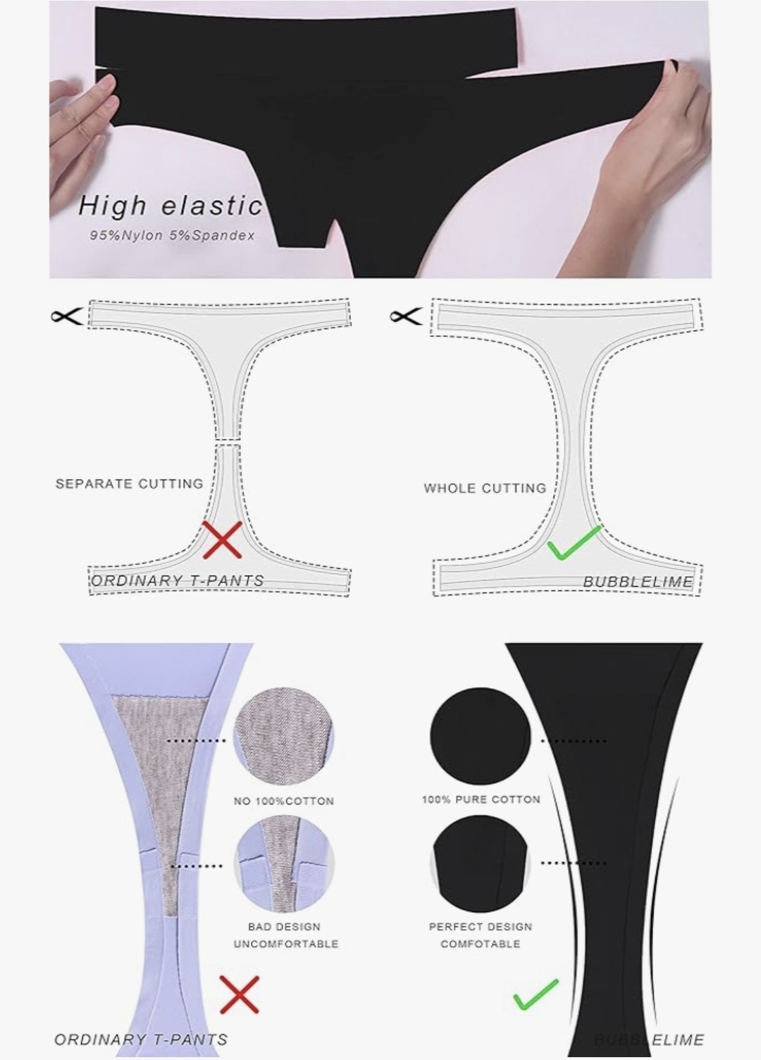 6pc BUBBLELIME Women’s Thongs Panties Low Rise No Show Breathable Underwear XL