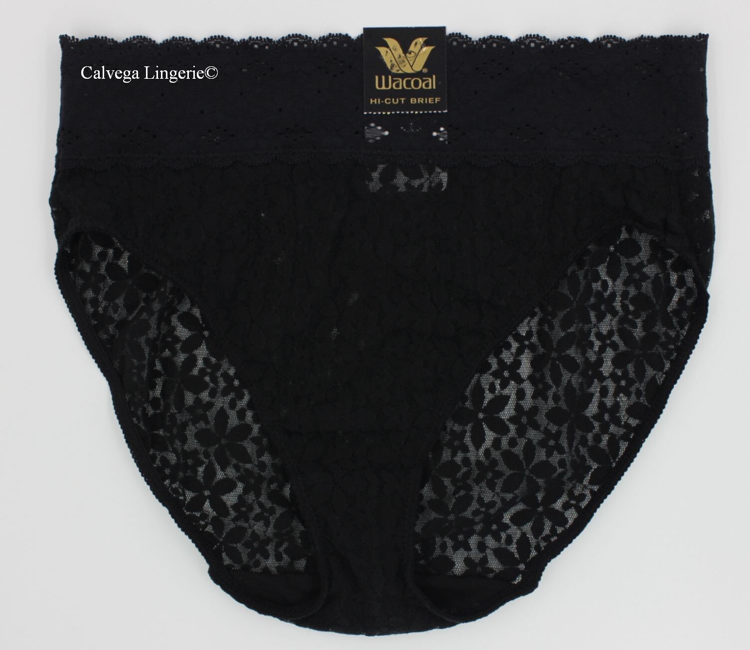 NWT Wacoal 870305 “Halo Lace” Hi-Cut Brief Stretch Lace Panty, Black (BK)