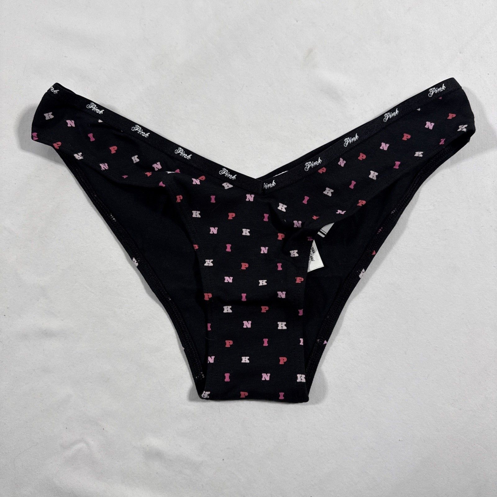 Victoria’s Secret PINK Logo Cotton High Leg Panties Black Block ‘Pink’ Print S