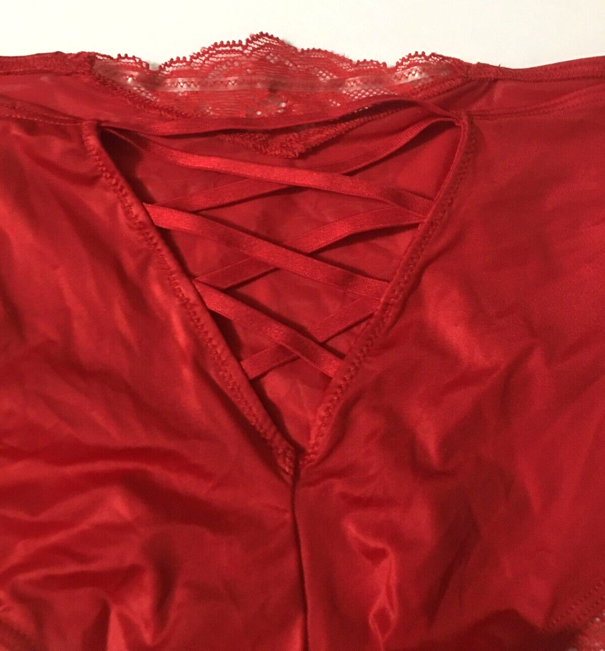 Victorias Secret Very Sexy Red Cheeky Panties Size L Lace Up Back Lace Inset NWT