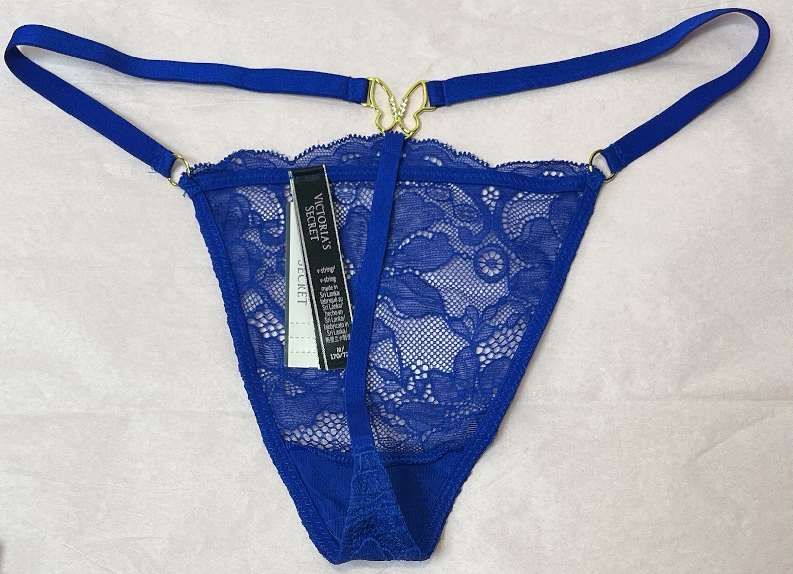 NWT Victoria’s Secret Blue V-String GOLD Butterfly Size MEDIUM Lacey