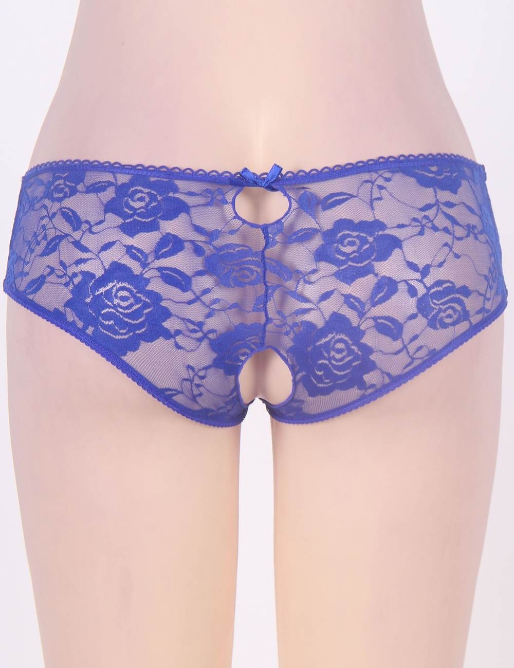 WOW BABE Blue Floral Lace Bow Detail Open Crotch French Knickers Panty Size 8-10