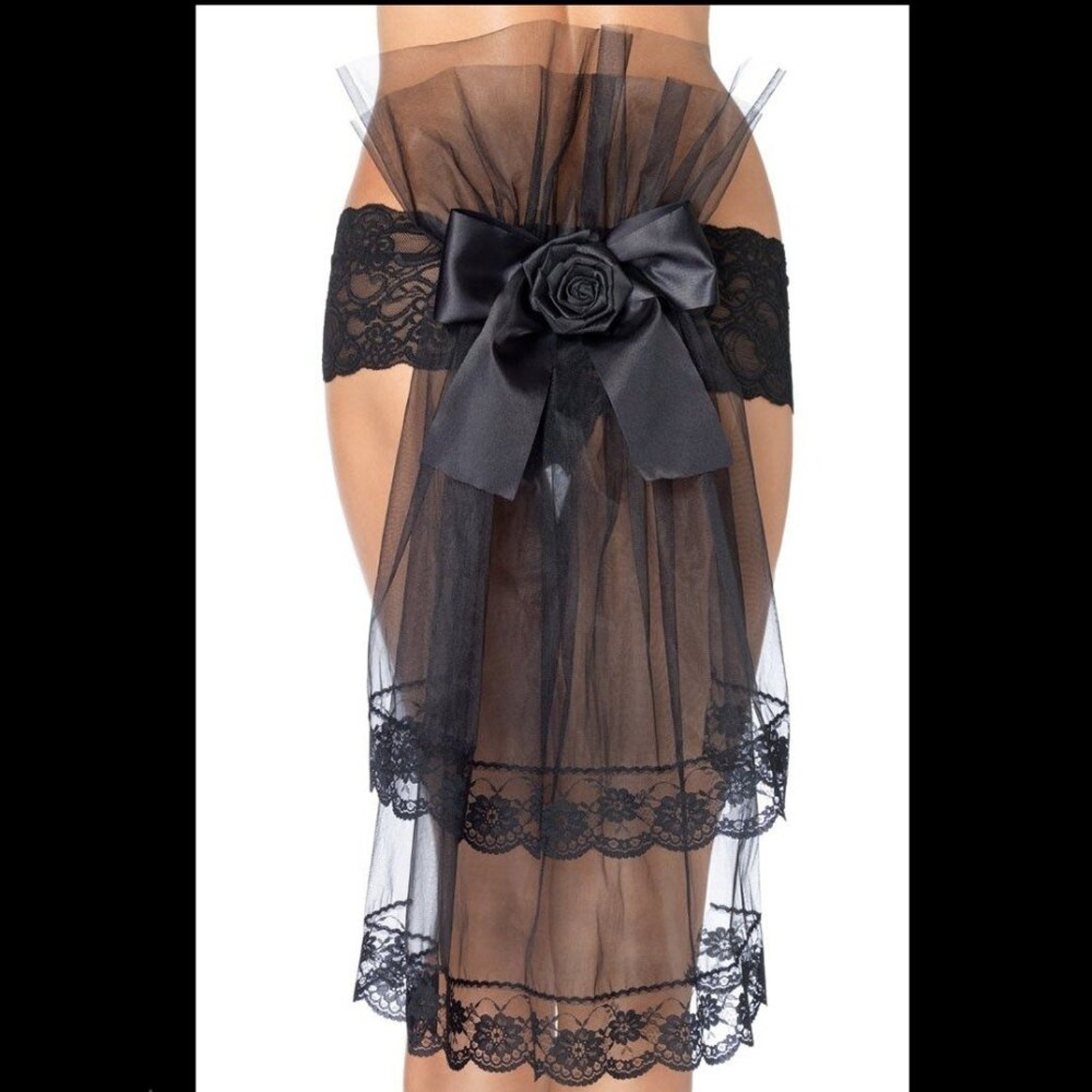 Leg Avenue Goth Victorian Burlesque Satin & Tulle Bow Floral Lace Tanga Panties