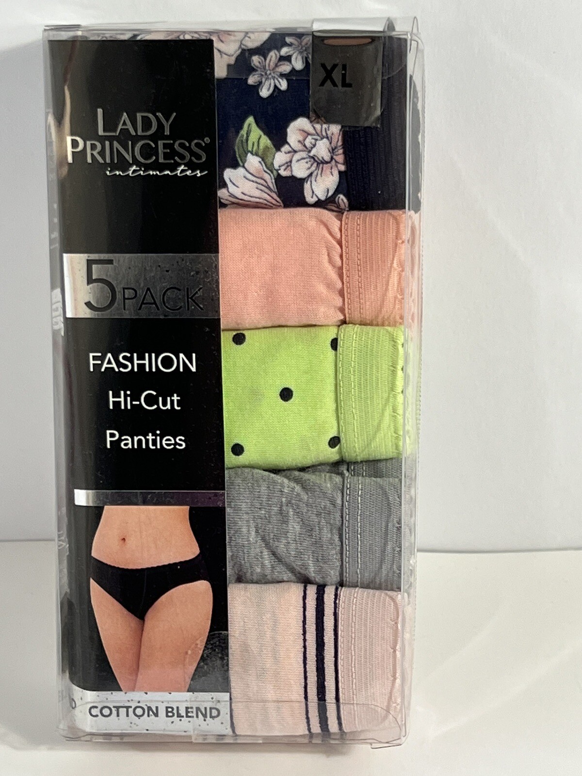 Lady Princess Intimates 5 Pack Fashion Hi Cut Panties – XL Cotton Blend. New