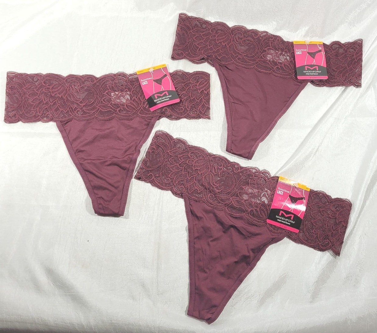LOT: 3 Pairs Maidenform Luxurious Lace Thong Panties – Plum Wine – Sz S/5