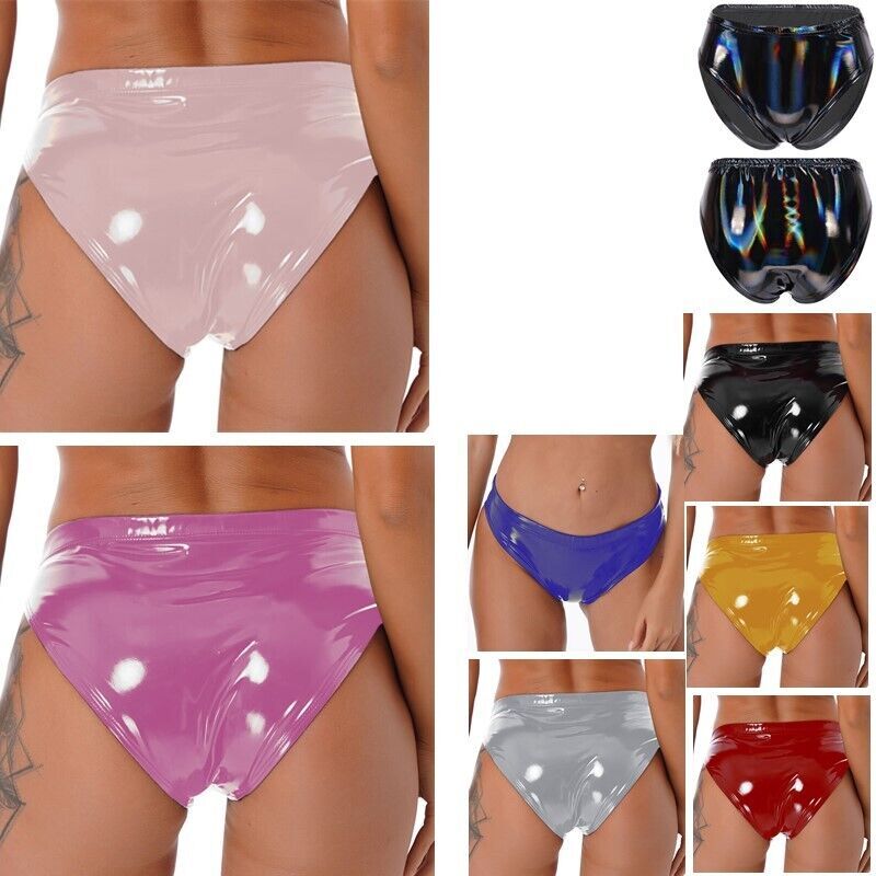 US Women Briefs Wet Look Underwear Low Waist Panty Metallic Strings Cheeky