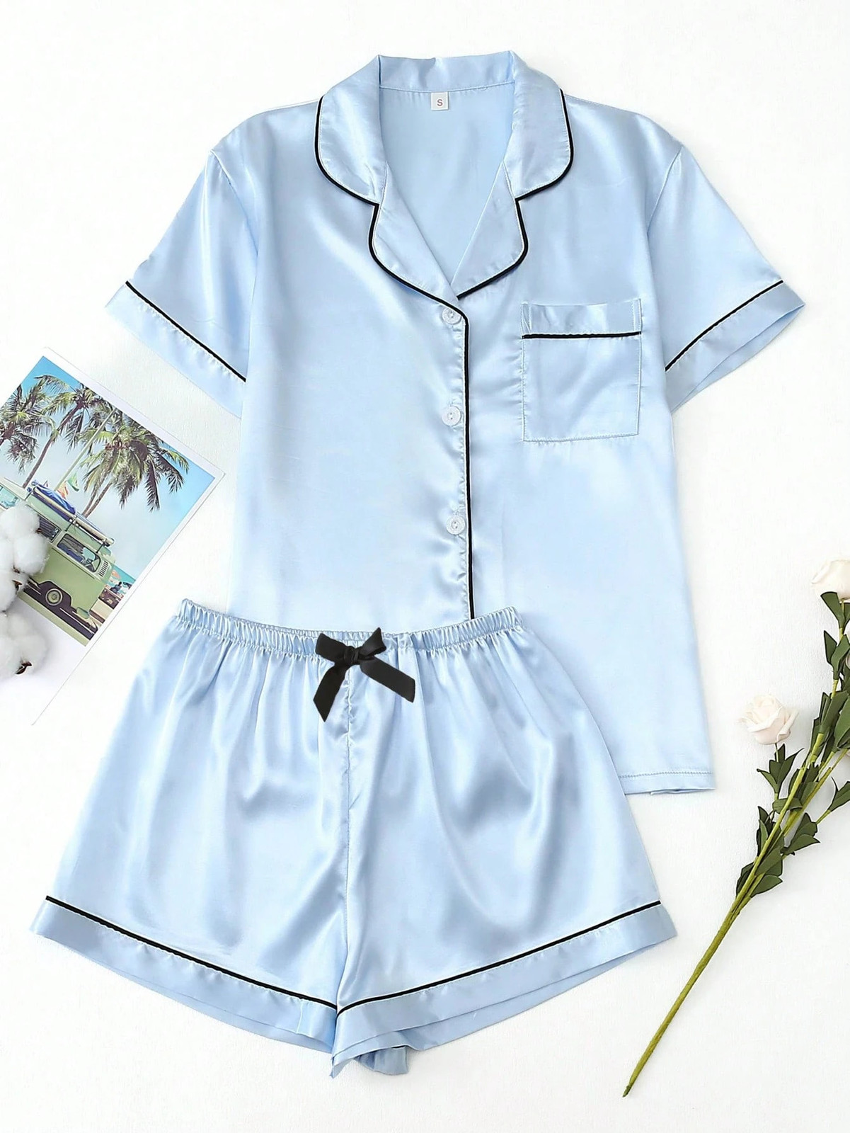 2 Piece Satin Pyjama Set Plus Sizes for Women Short Sleeve Top with Cheap24