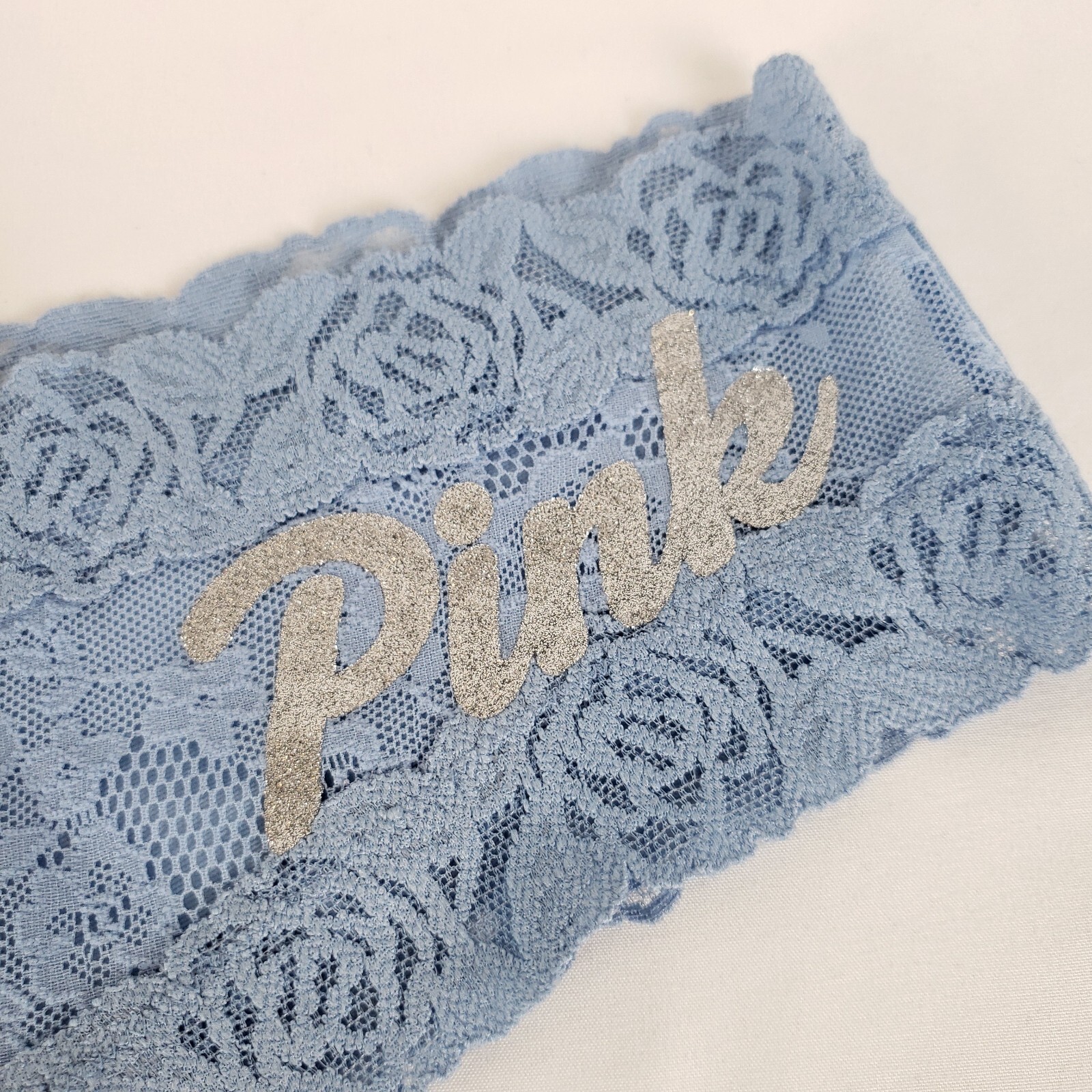Victorias Secret PINK Cheekster Womens Medium Blue Rose Lace Glitter Logo NWT