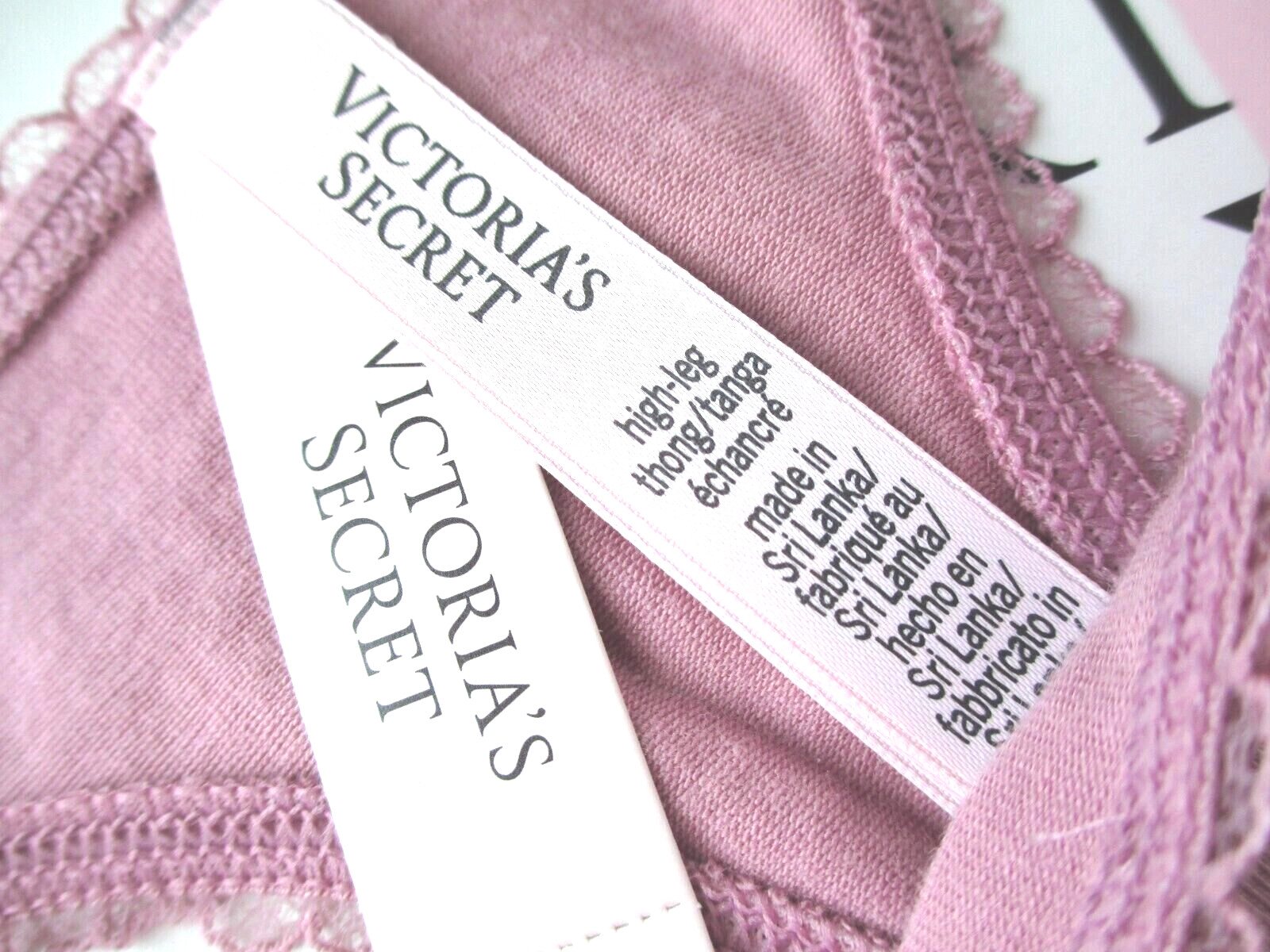 VICTORIA’S SECRET Cotton High Leg Thong Panty L 2XL Mauve Pink NWT Lace Trim VS
