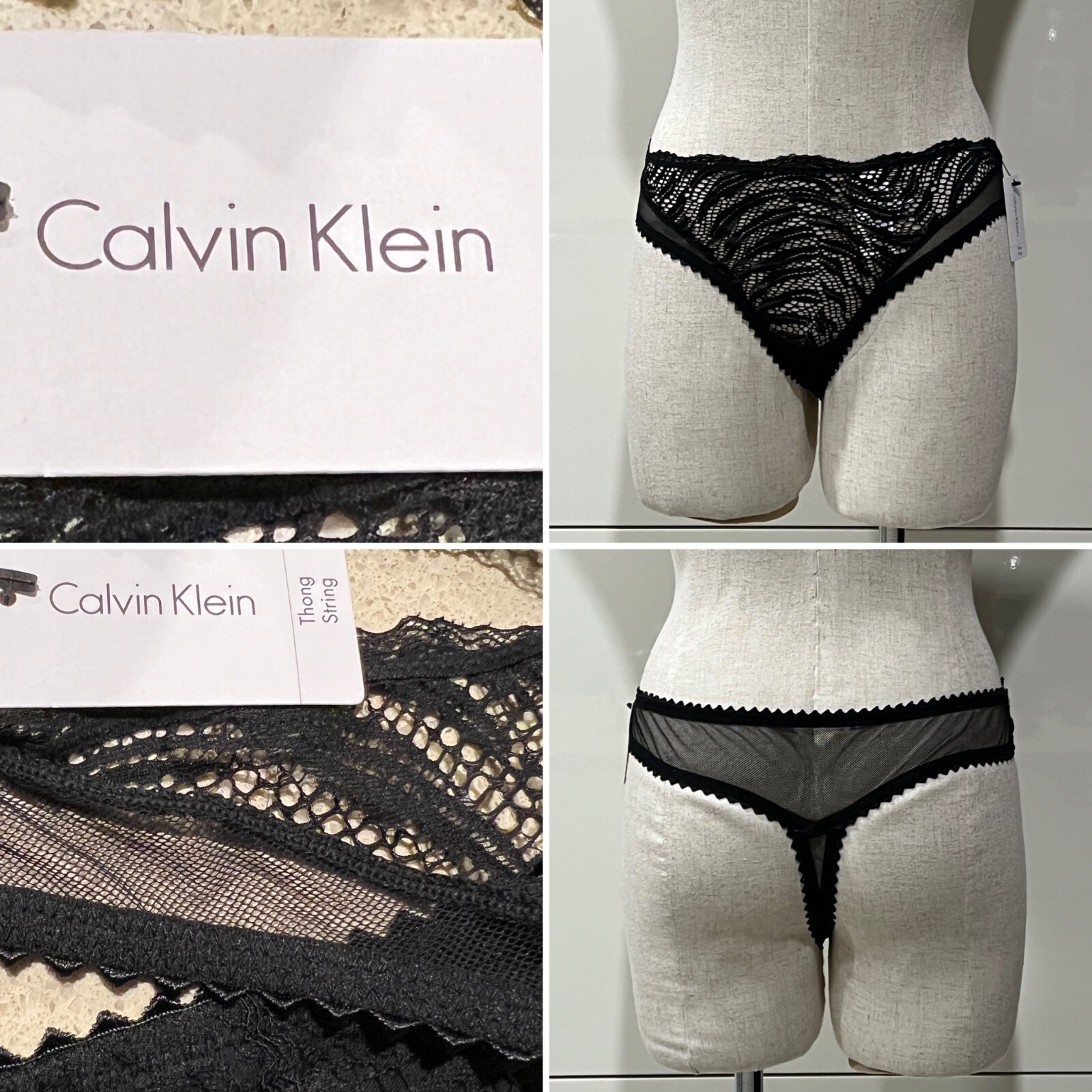 CALVIN KLEIN NWT$39.95 QF4932 BLACK LACE STRETCH STRING THONG M/12AUST-UK/8US