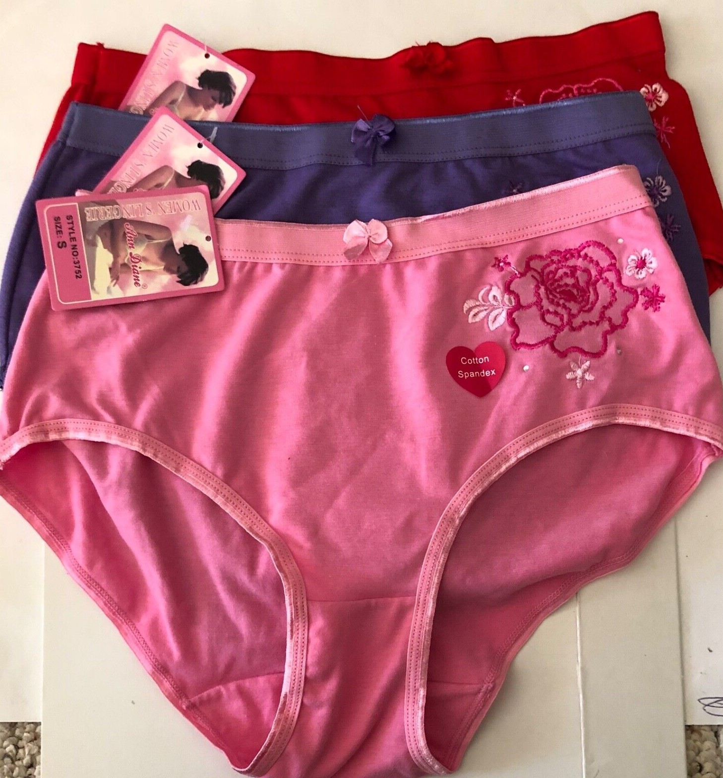 3PCS ANN DIANE WOMEN’S COTTON STRETCH EMBROIDERED FLORAL PANTIES NEW
