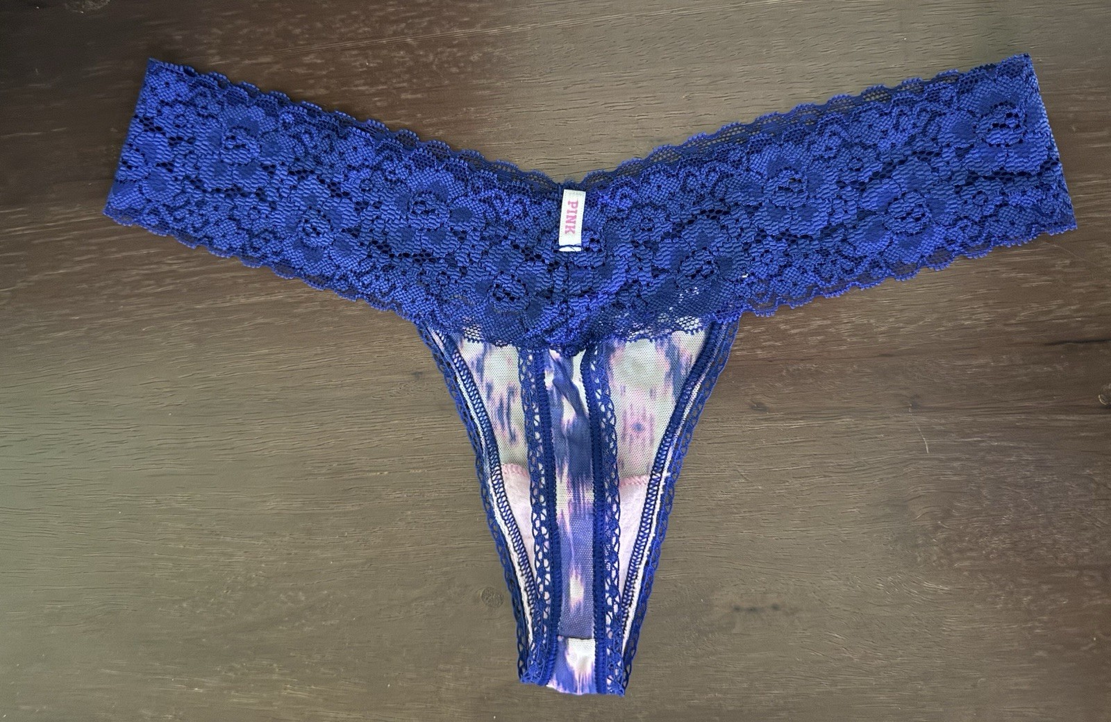 Victoria’s Secret Women’s Thong Panties, Blue/Pink/White Mesh W/ Blue Lace, Sz M