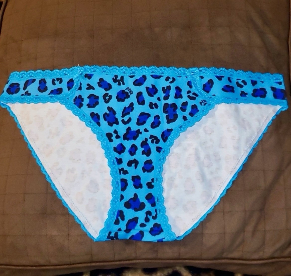 RARE L Victoria’s Secret PINK Blue Cheetah Print Lace Trim Bikini Panties Large