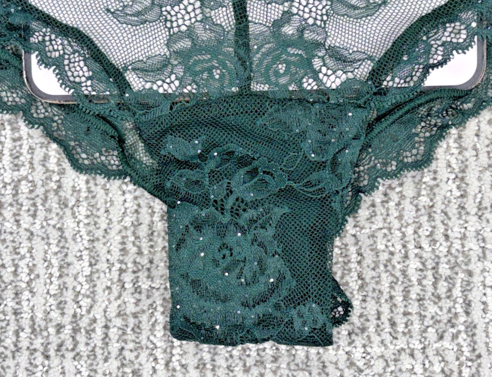 Victorias Secret VerySexy NWT Medium Green Sequin Lace Floral Cheeky Panty Sheer