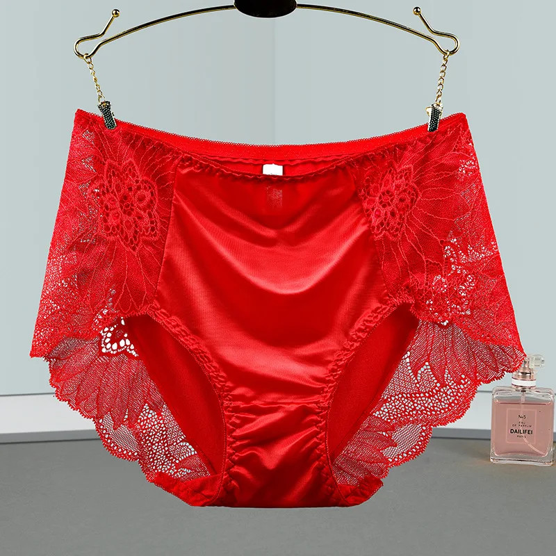 Floral Embroidery Briefs Mid Rise Satin Feel Breathable Panties Women Soft