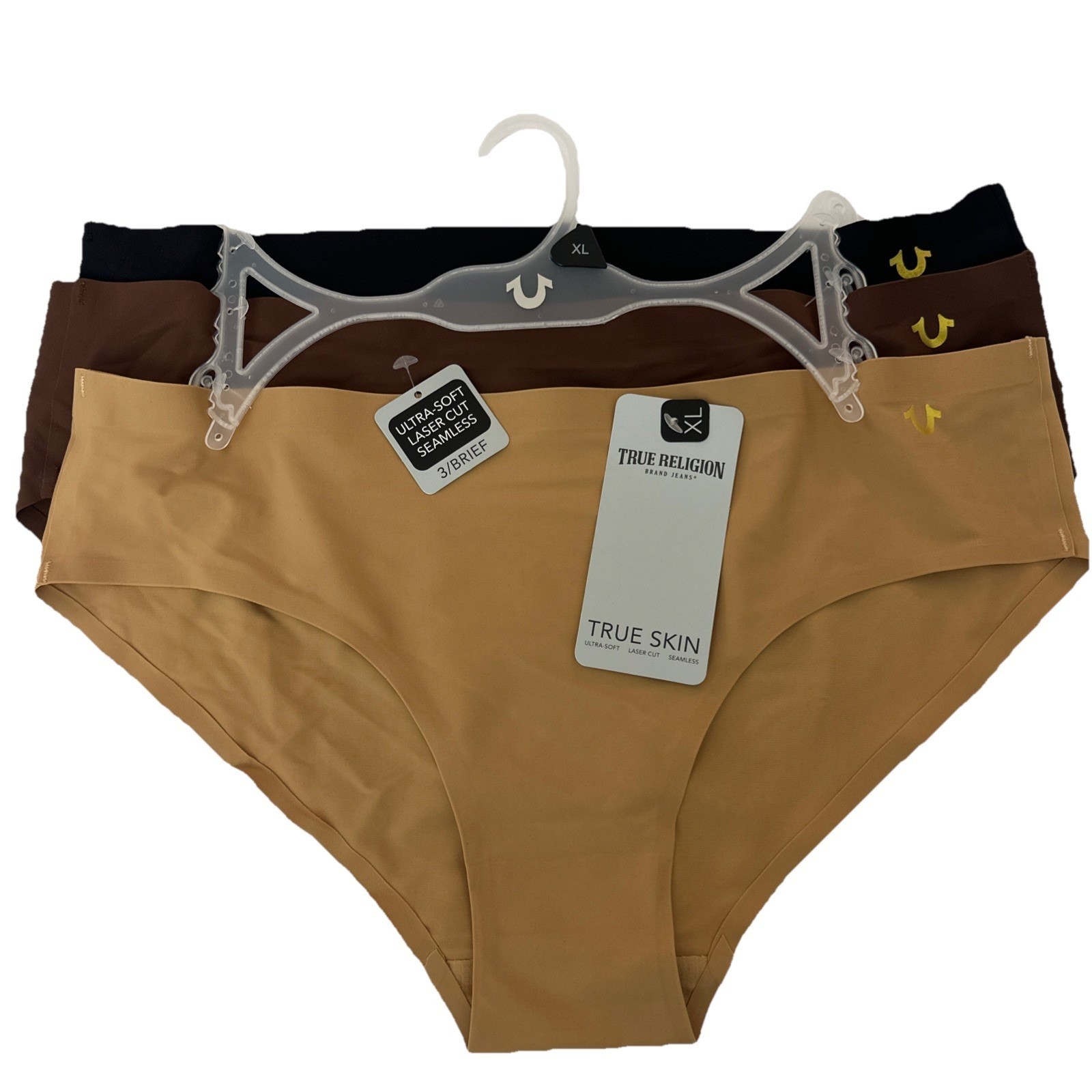 TRUE RELIGION 3-Pair TRUE SKIN Brief Panties Soft Laser Cut Seamless Logo Sz XL