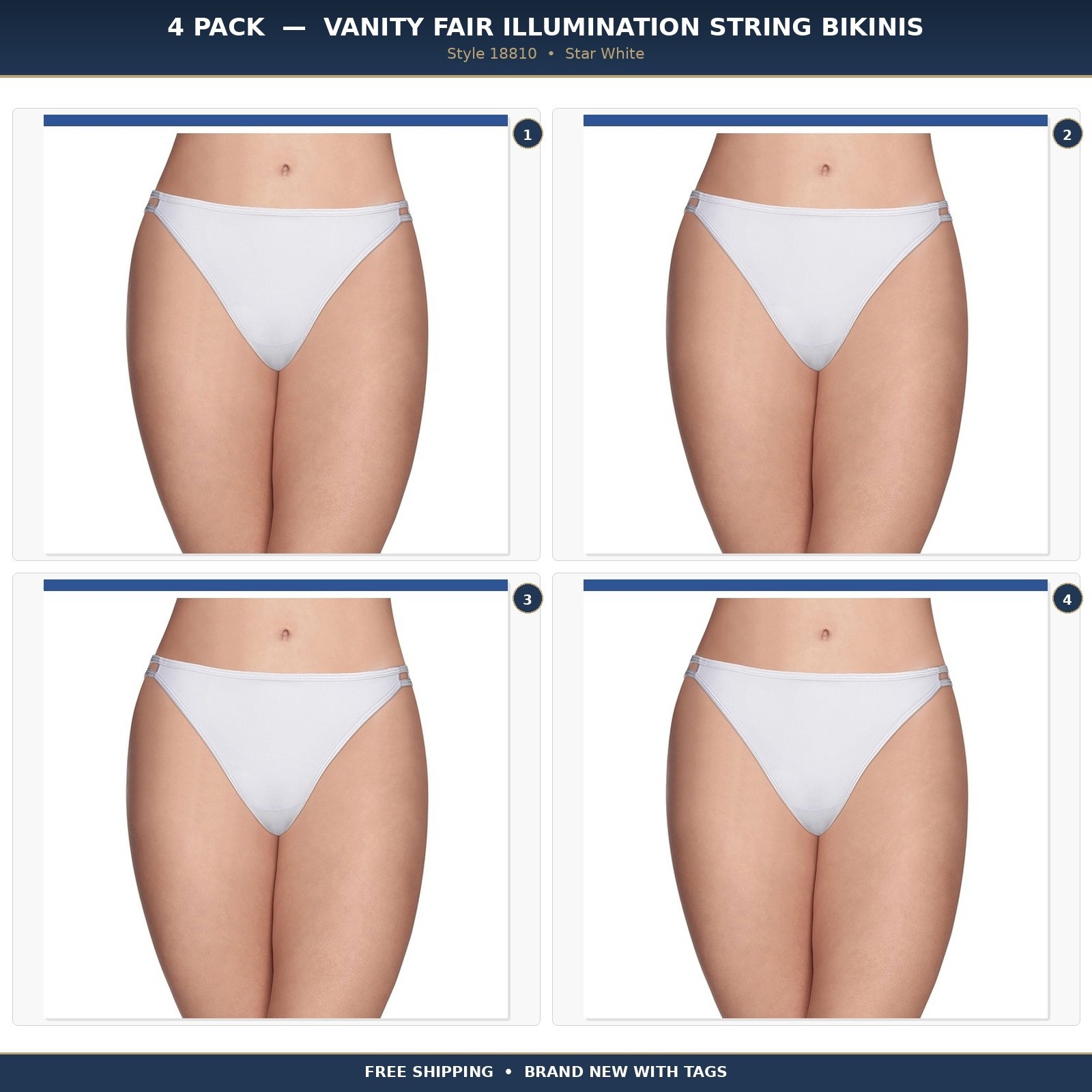 4 Pack Vanity Fair Illumination String Bikini Panty 18810 White Sz – 9~10~11