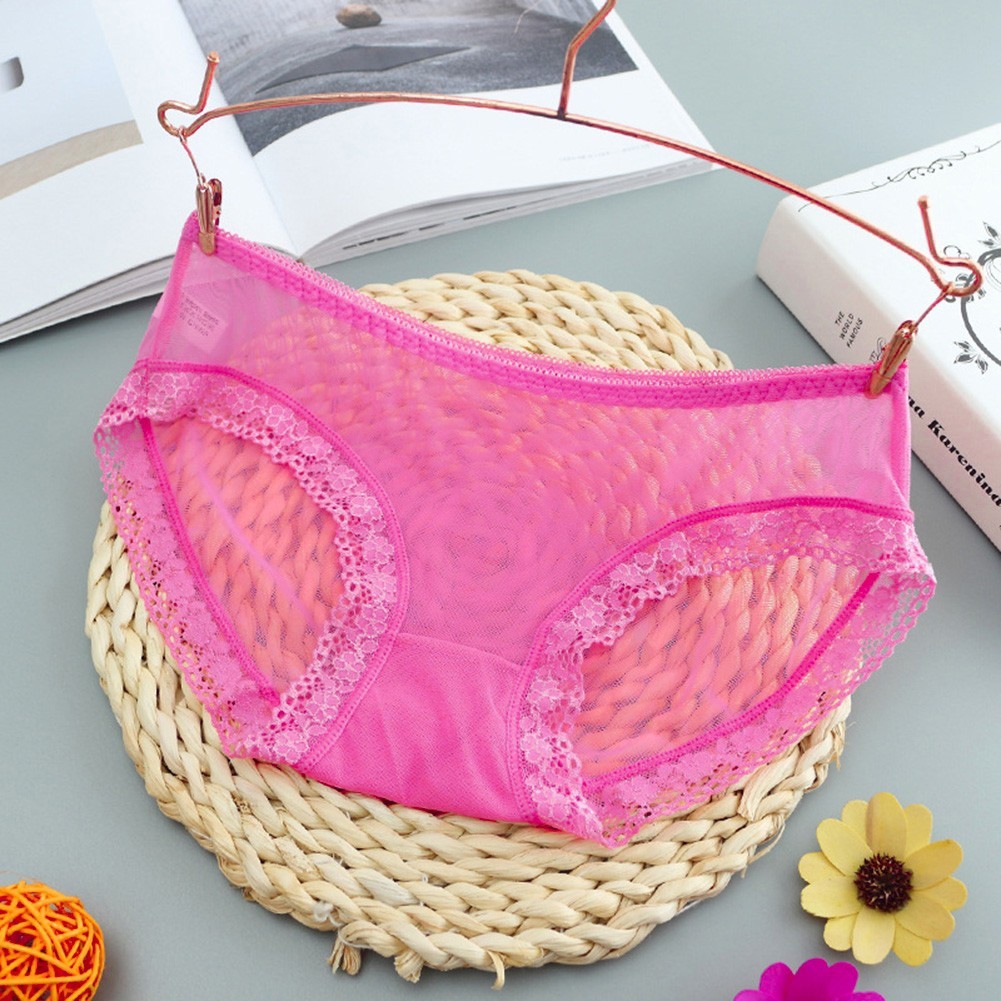 Womens Low Waist Transparent Lace Mesh Briefs Solid Color Nylon Spandex Blend