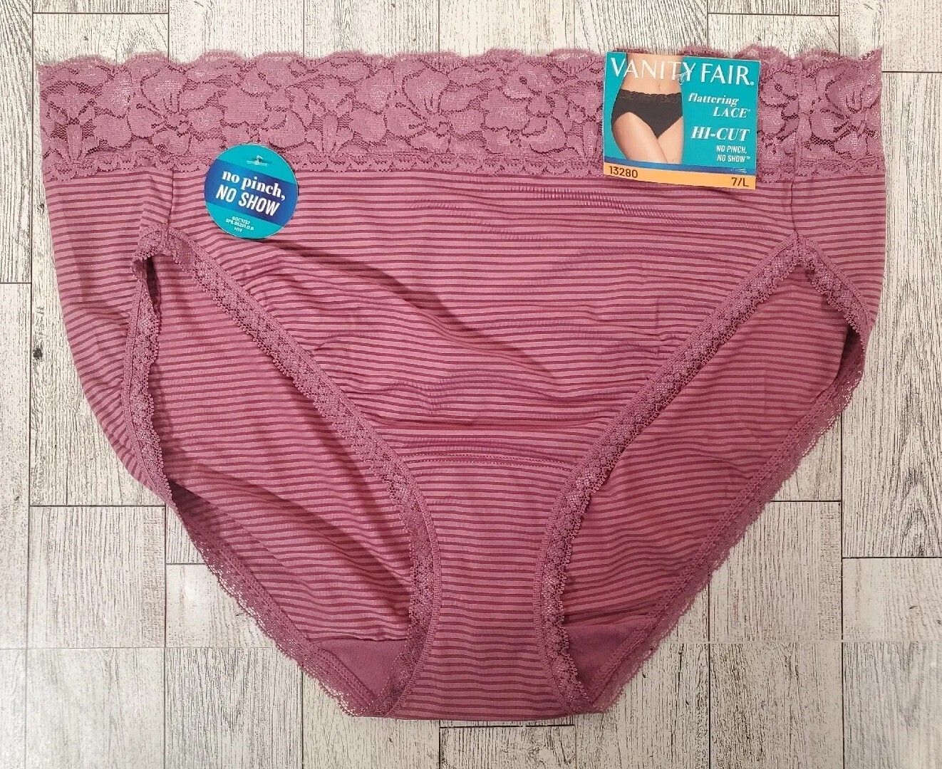 Vanity Fair Hi-Cut 7 Large Womens Flattering Lace No Pinch Berry Glaze Stripe