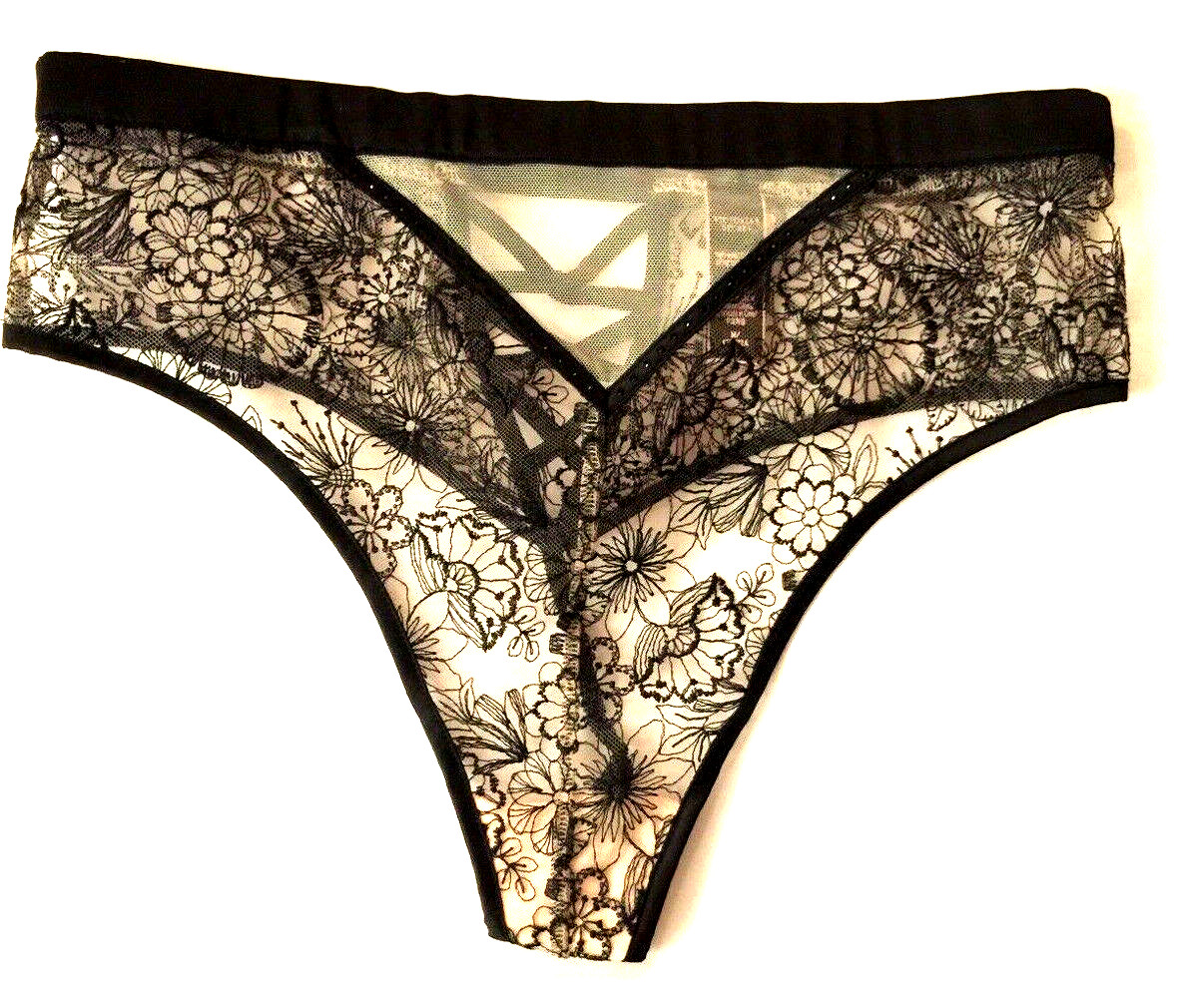 Victorias Secret Black Embroidered High Waist Thong Panty Size M Floral Lace-Up