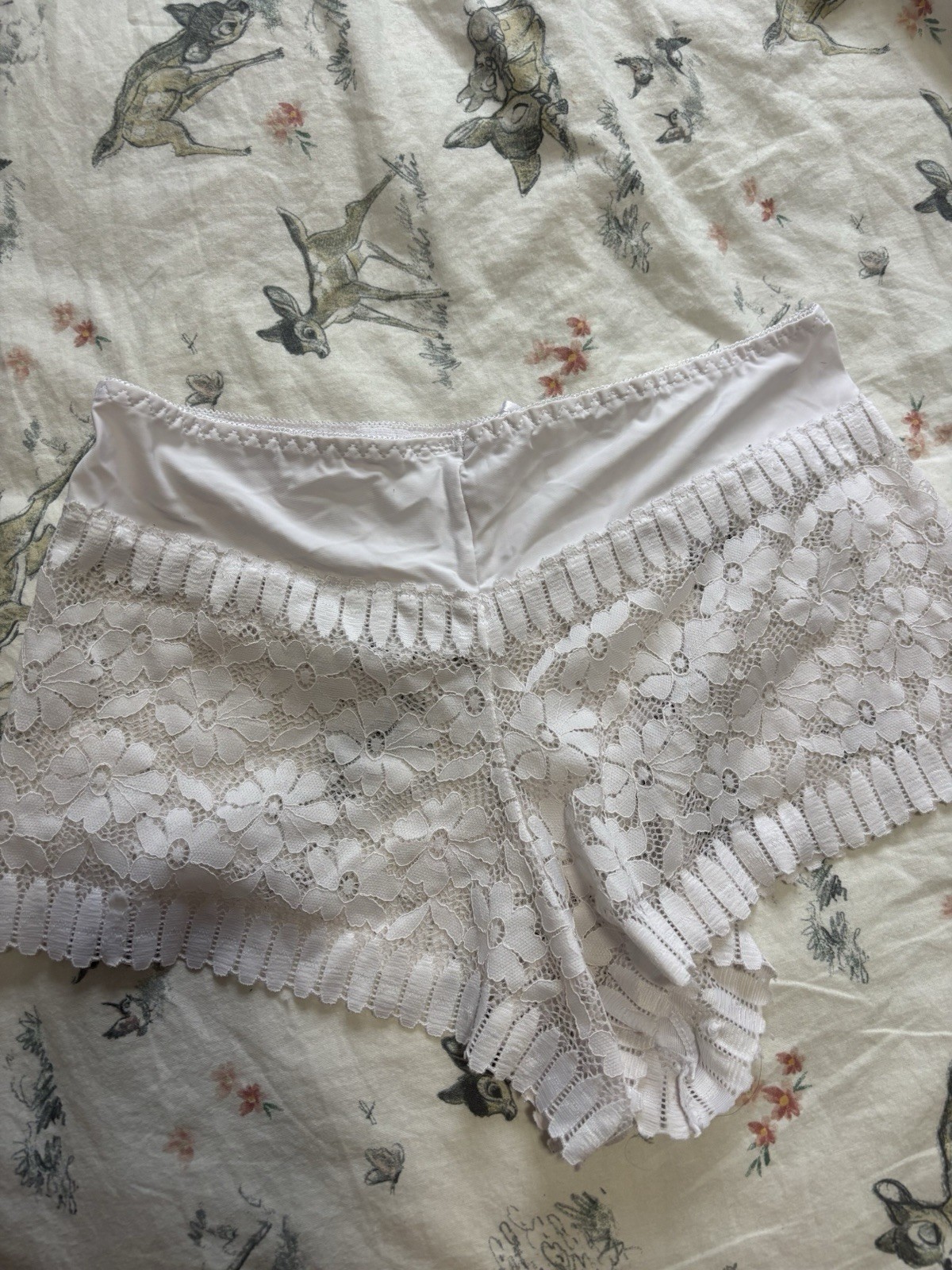 White Floral Lace Mini Stretchy Boyshort Shorts Panties With Small Bow Detail L