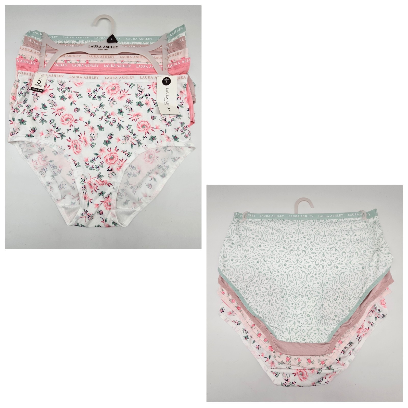 LAURA ASHLEY 5 Pack Women’s L 1X 2X Soft Micro Brief Panties Green Beige Pink