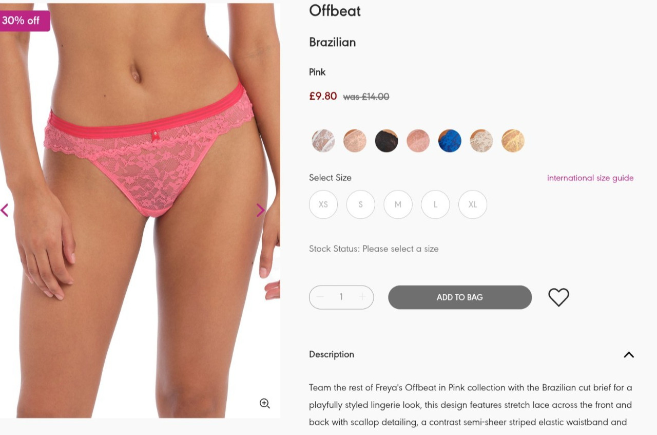 Freya Offbeat Bright Pink Lacey Brazilian Brief Size Large Or UK 14