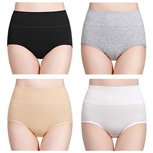 Women’s High Waisted Cotton Underwear X-Large Black White Grey Beige-4 Pack
