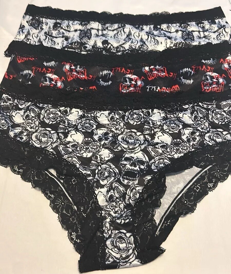 Morvia 3pk cheeky goth Emo panties Small Size skull Skeleton Lingerie Lace