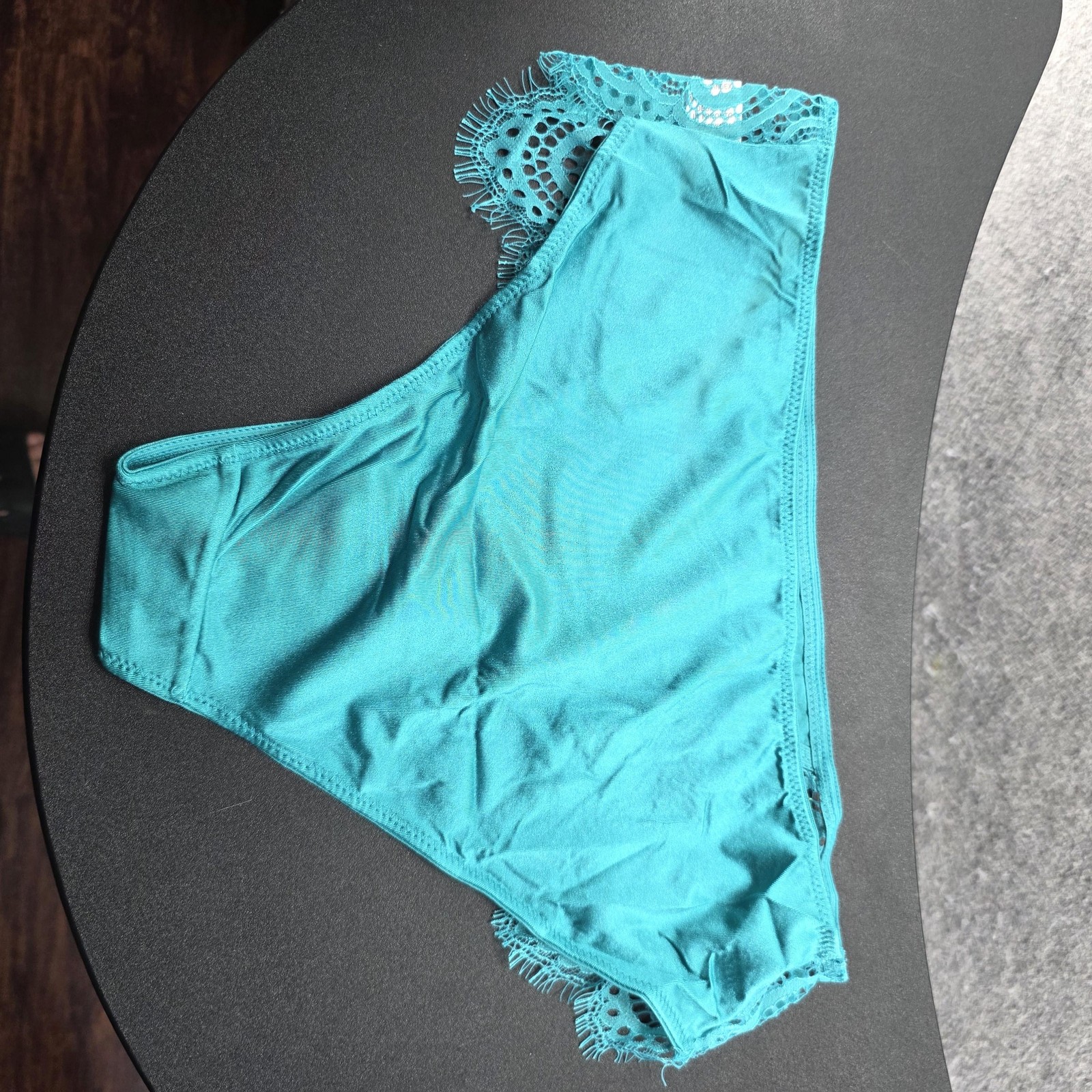 Knotty Knickers Panties Womens L Green Bikini Lace Crochet Spandex High Leg