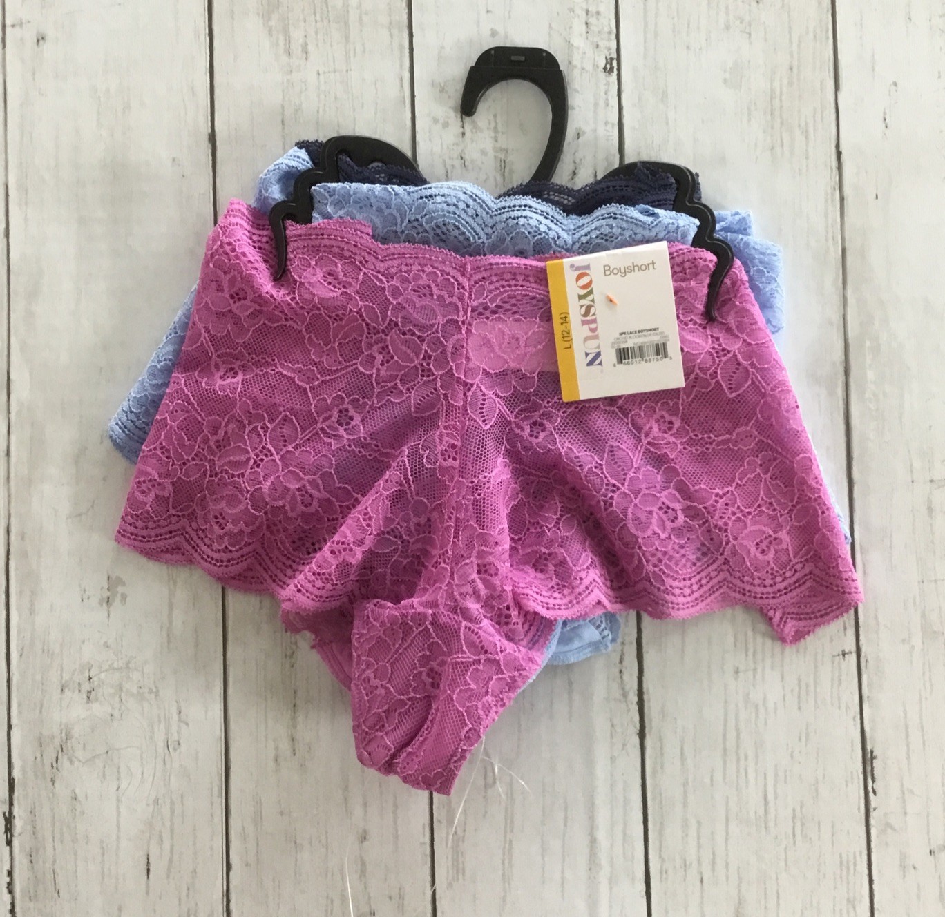 Joyspun Scalloped Lace Boyshorts Panty 3-Pack Pink/Blue/Navy Size Large (14-16)