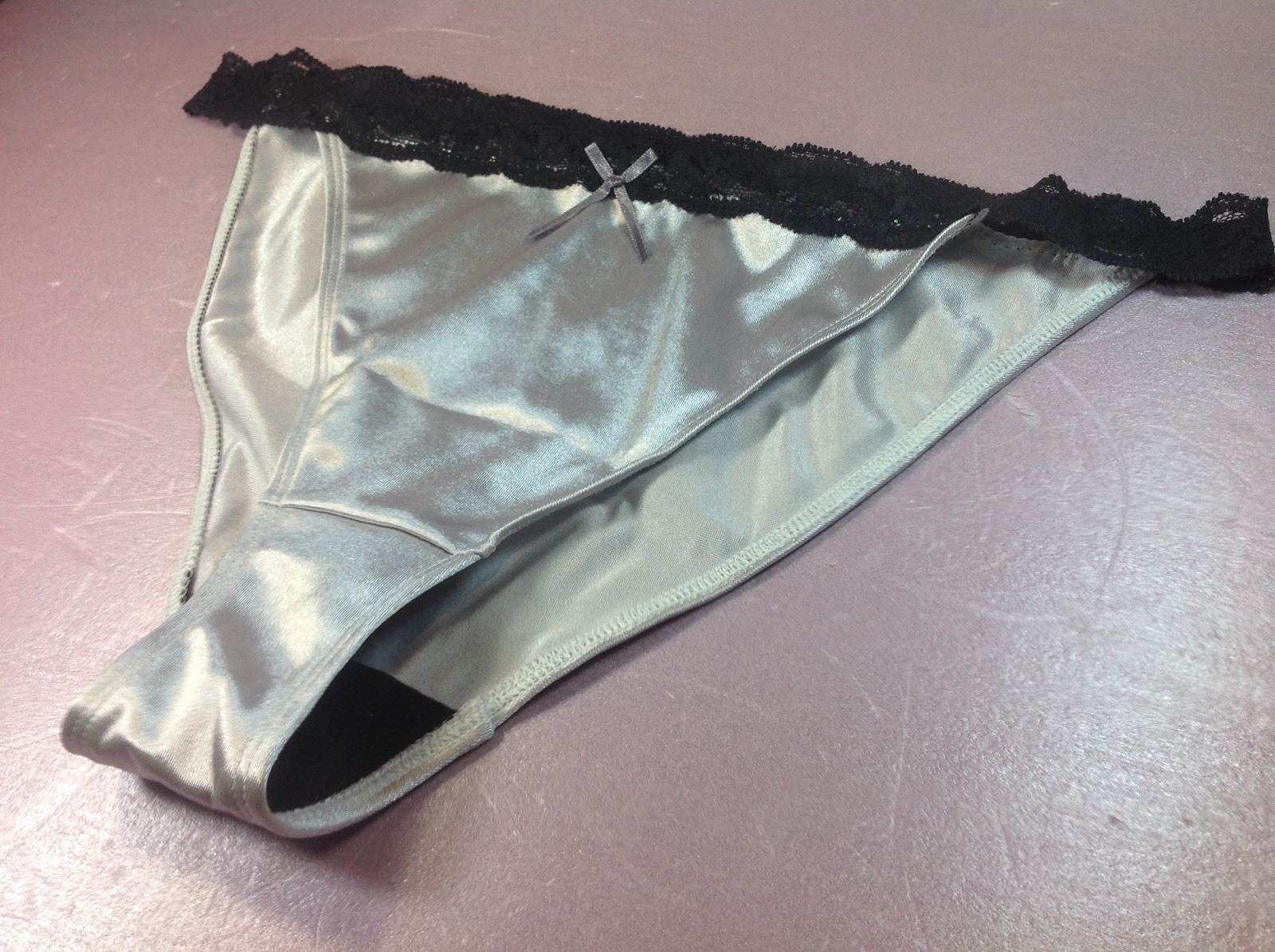 Women Panties,bikinis ILUSION Size L. Gray Satin Soft Silky W/ Fishnet Waistband