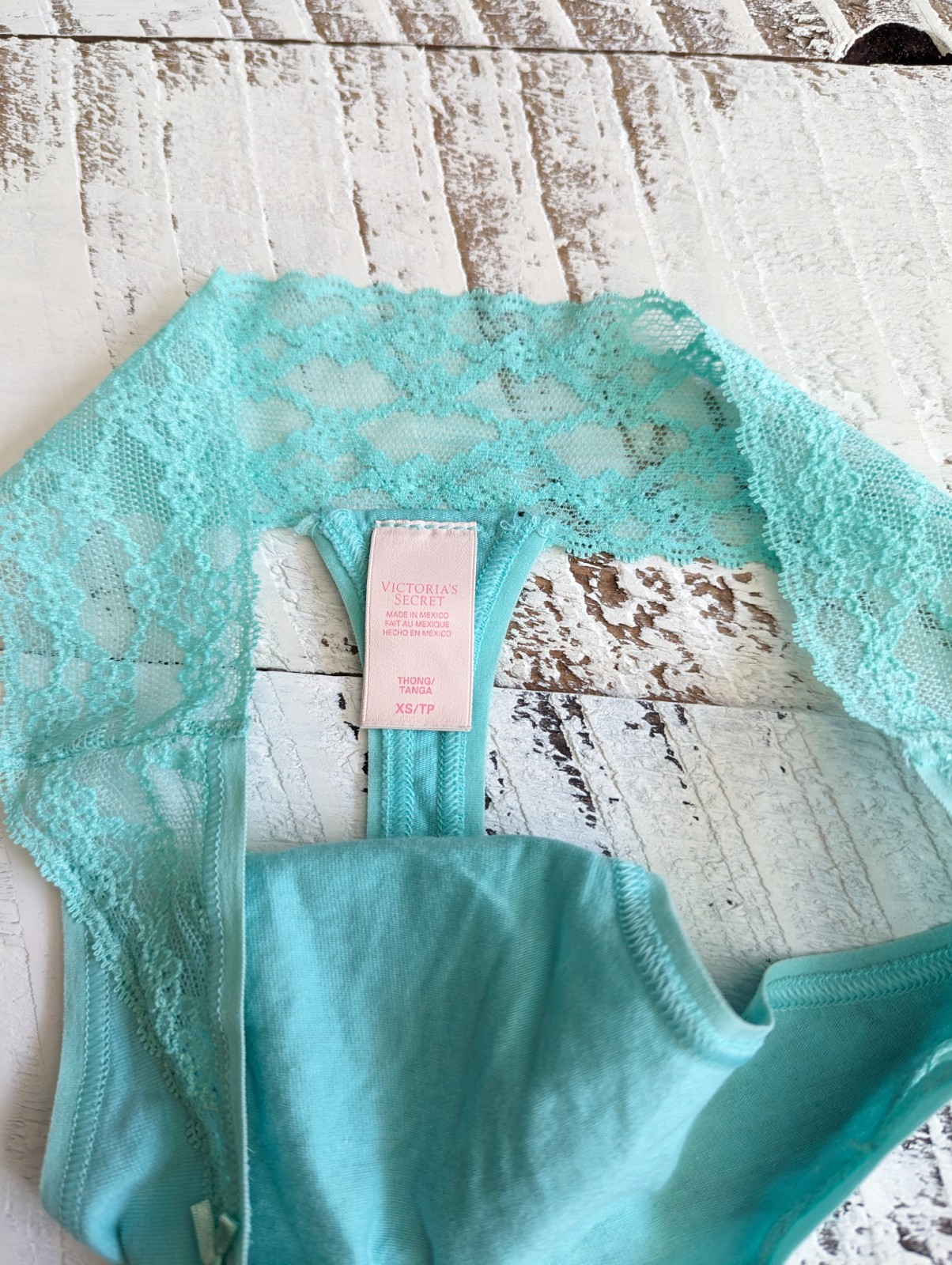 Victoria’s Secret Size XS Vintage Seychelles Aqua Cotton Lace Trim Thong