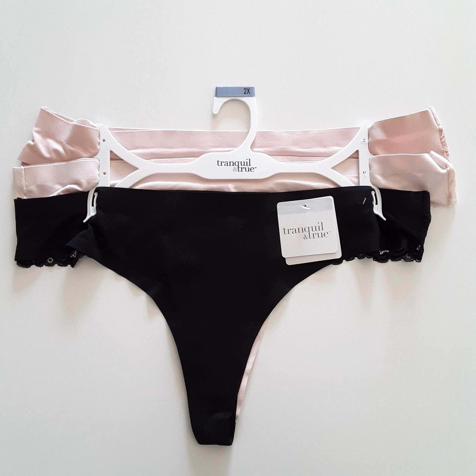 Tranquil & True Womens 2X Thongs Brushed Microfiber Lace Back Black Pink 3 Pack