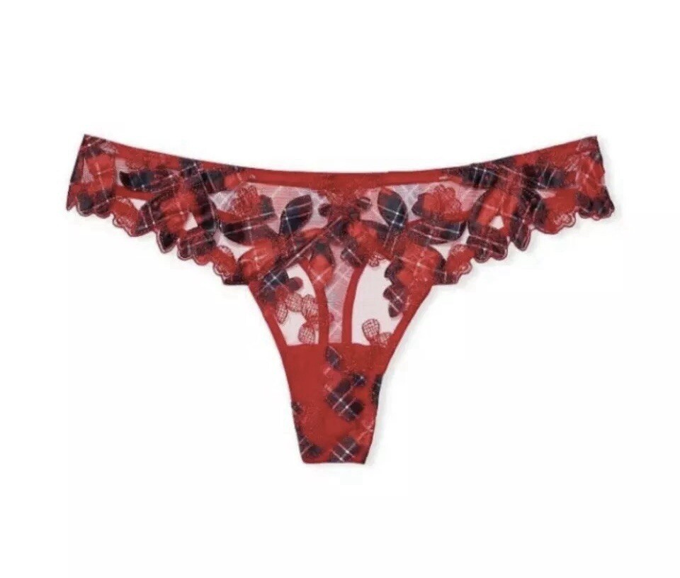 NWT Victorias Secret VERY SEXY Floral Embroidery Thong Panty Red Plaid XL