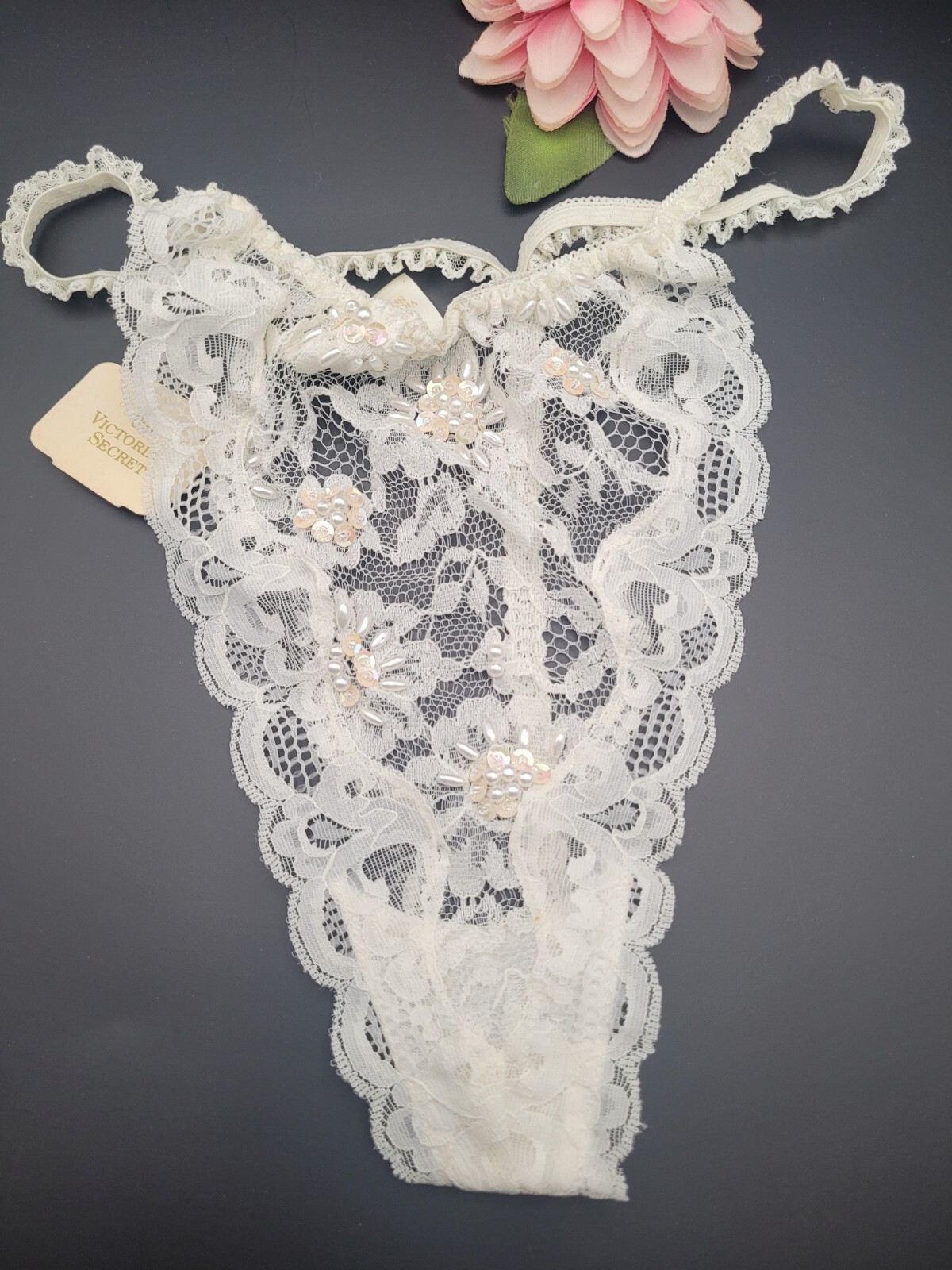 Vtg M/L Victoria’s Secret 80’s 90’s T-String / Thong Panties String Beaded Ivory